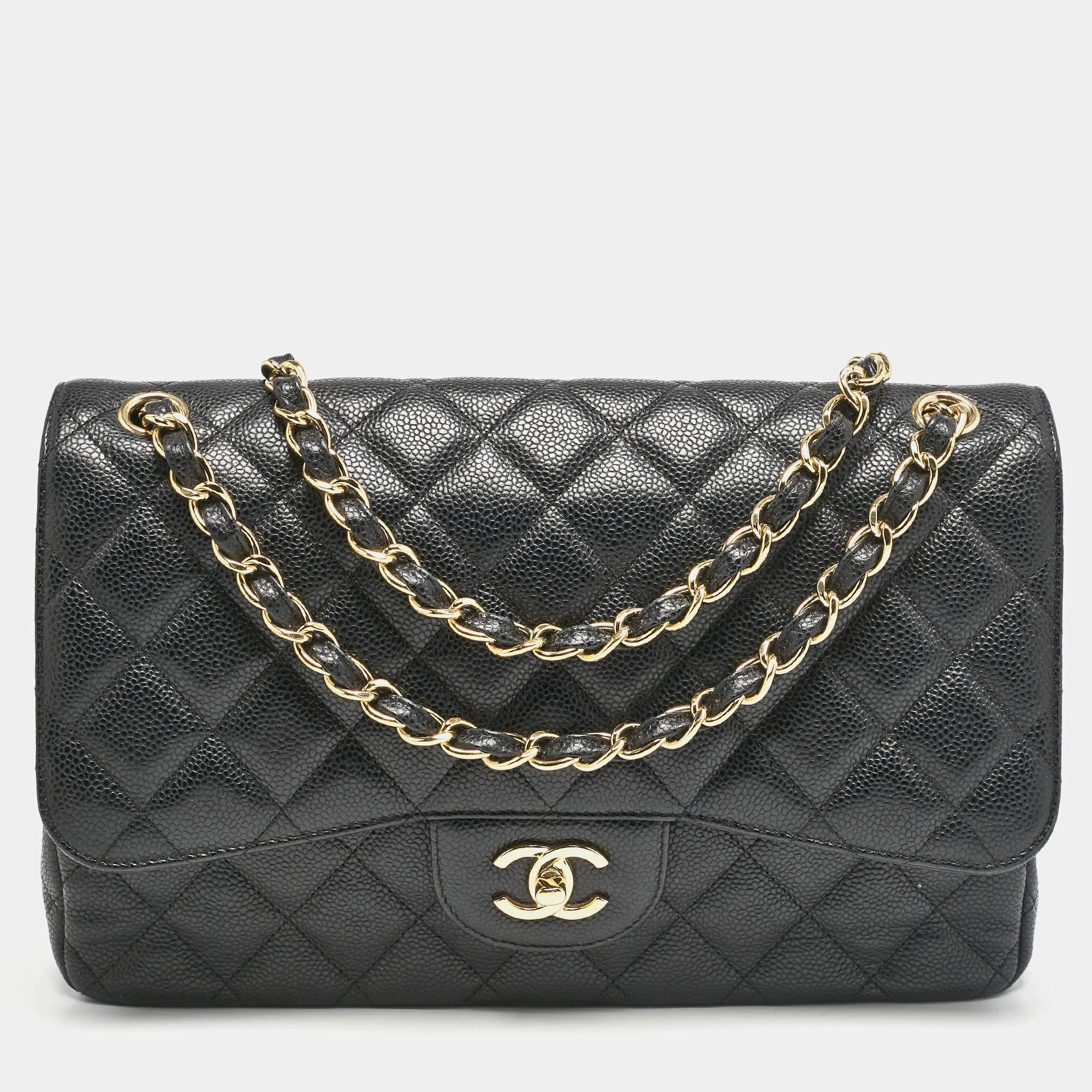Pre Owned Chanel Black Quilted Caviar Leather Jumbo Classic Double Flap Bag