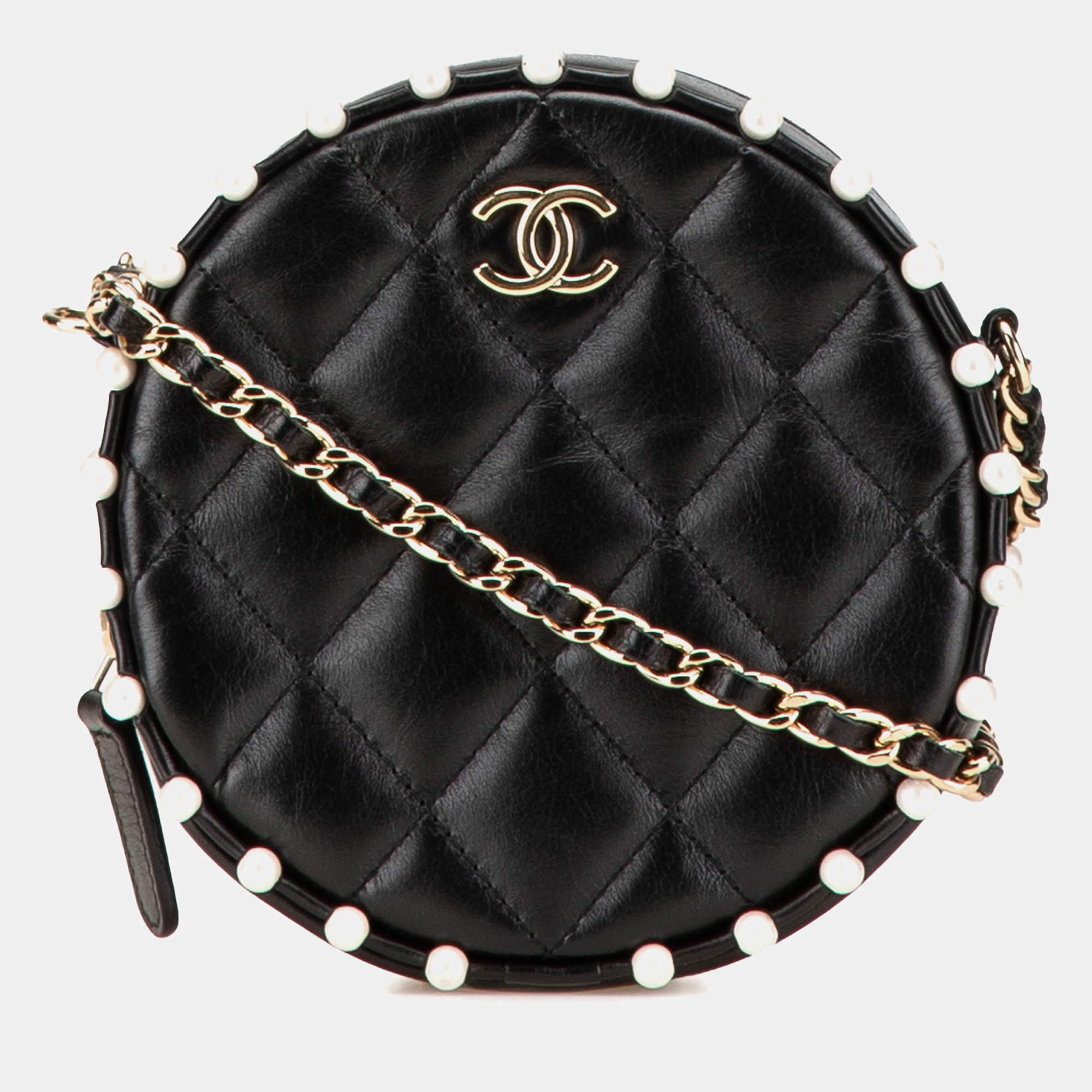 Chanel Black Quilted Calfskin Pearl Studded Round Clutch with Chain