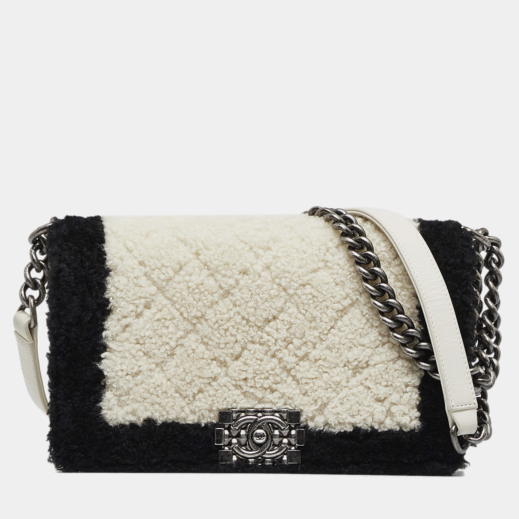 Chanel White Medium Shearling Boy Flap