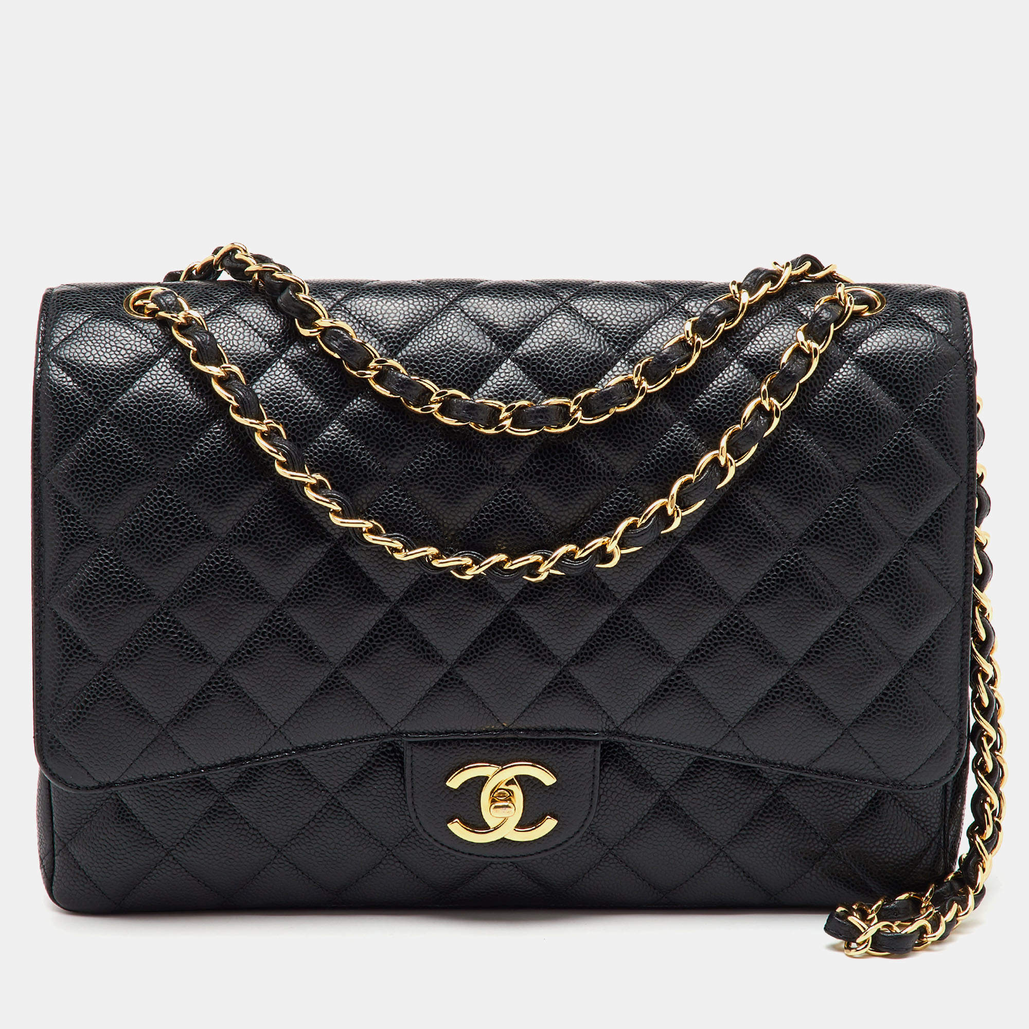 Pre Owned Chanel Black Quilted Caviar Leather Maxi Classic Double Flap Bag