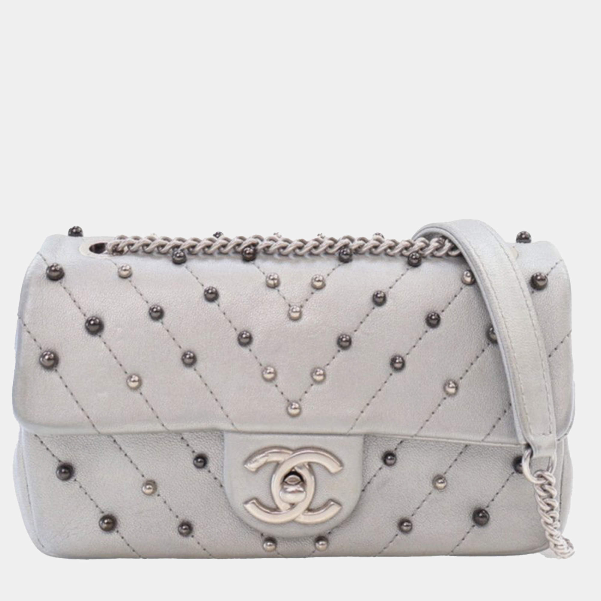 Chanel Silver Lambskin Chevron Mini Rectangular Stud Wars Flap Bag