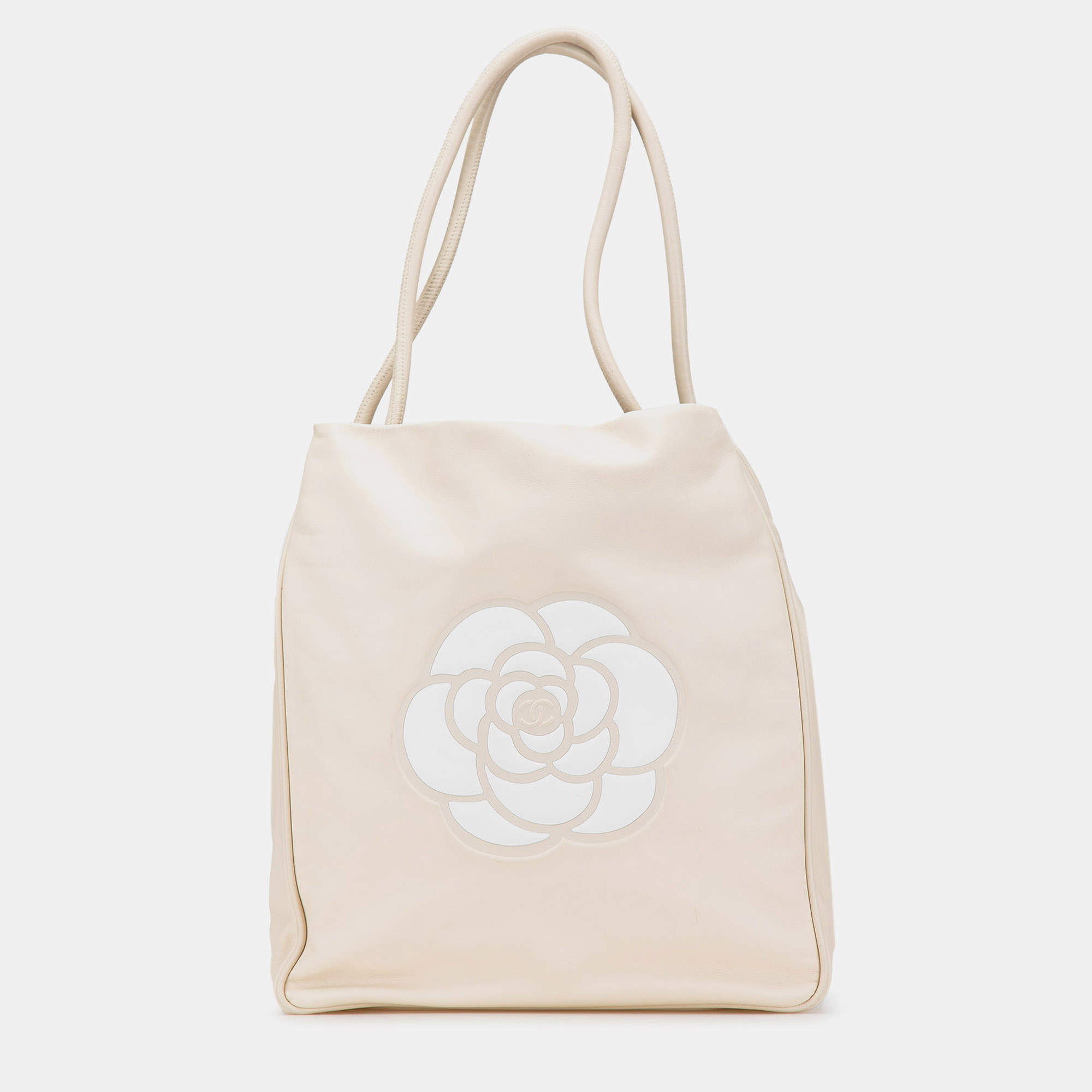 Chanel Brown Camellia Lambskin Logo Tote Bag