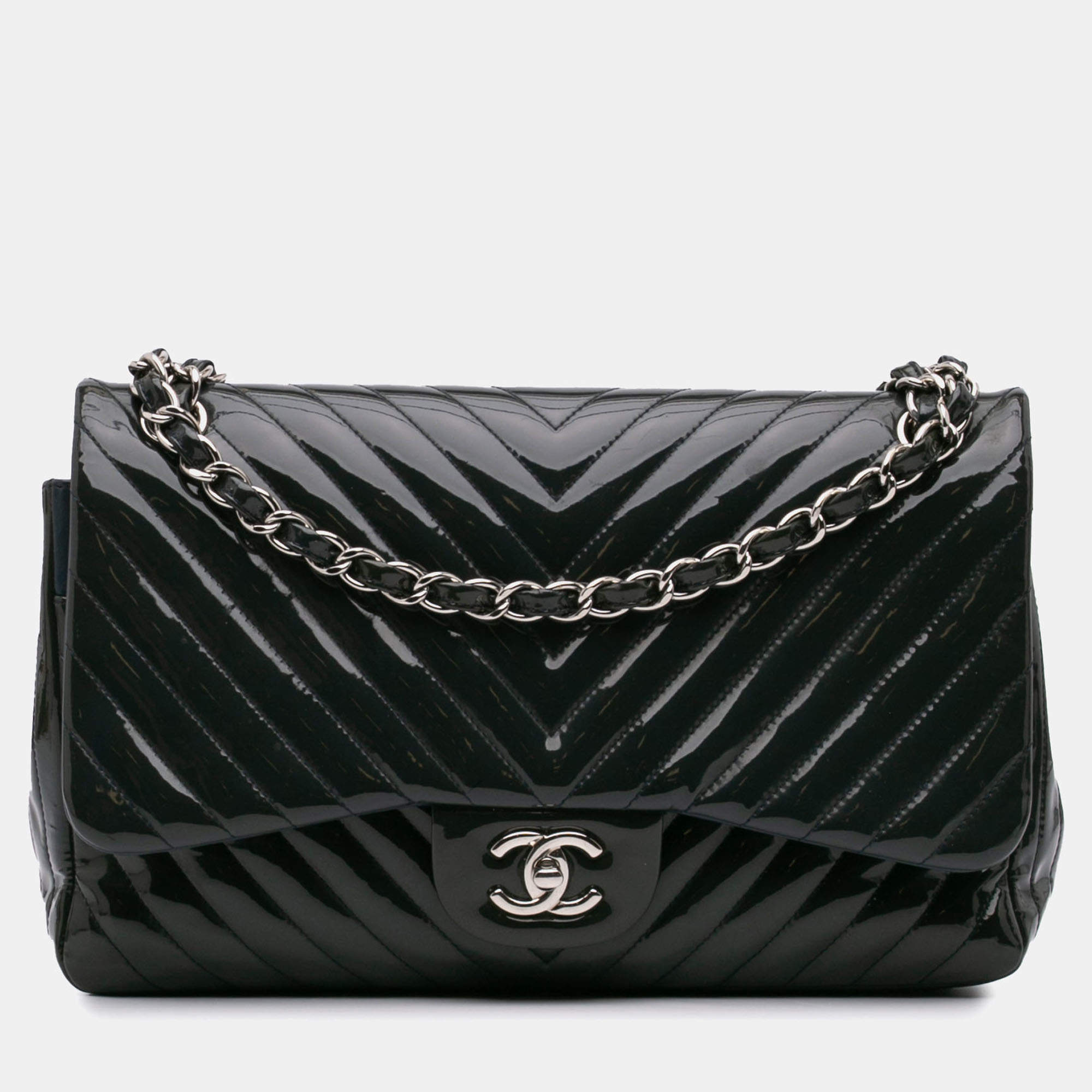 Chanel Navy Blue Jumbo Classic Chevron Patent Double Flap Bag