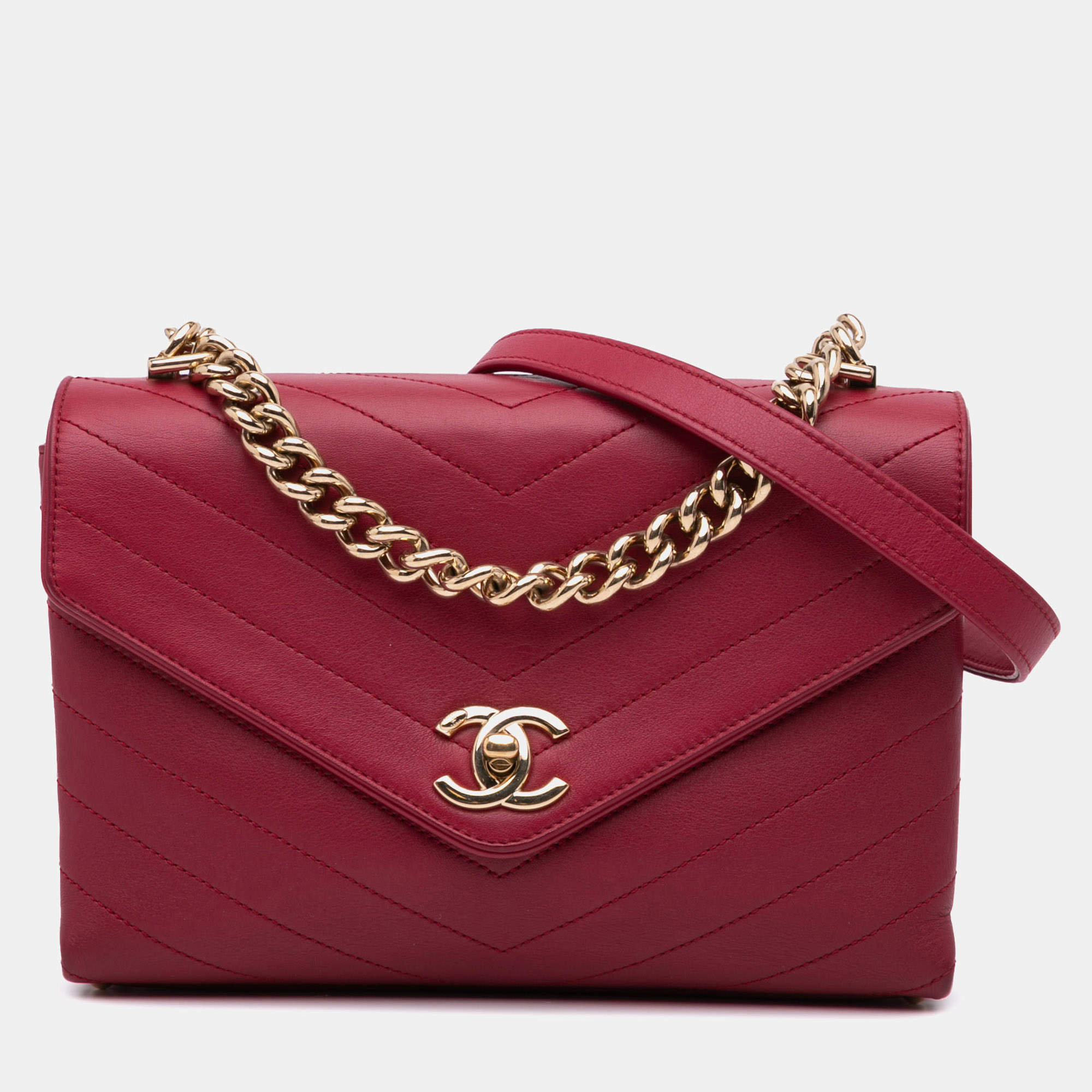 Chanel Red Small Calfskin Coco Chevron Envelope Flap Bag