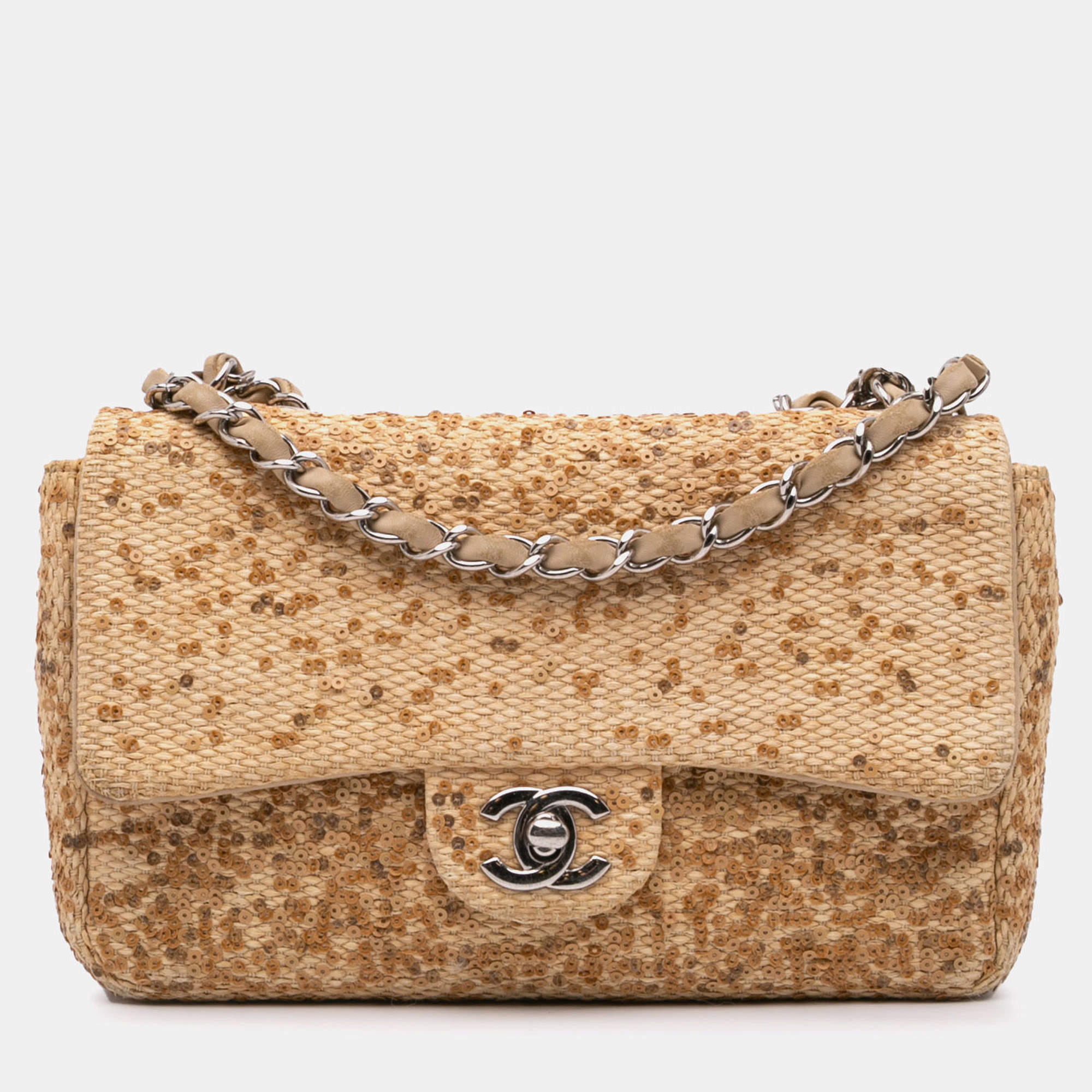 مملوكة مسبقًا Chanel Brown Small Raffia Sequin Single Flap Bag