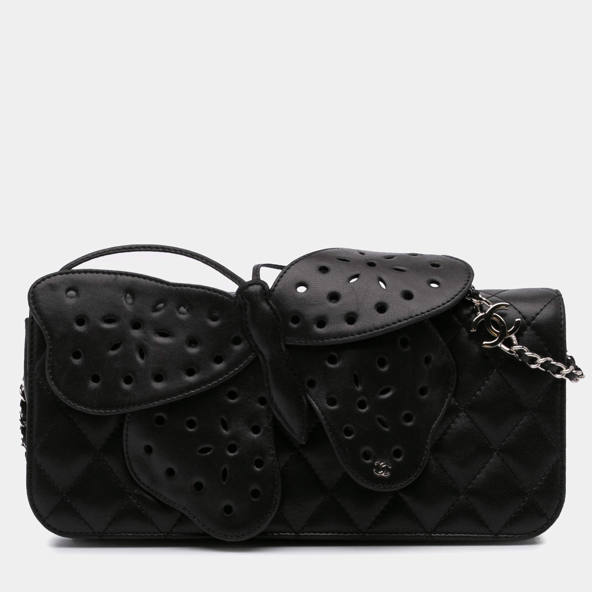 Chanel Black Quilted Lambskin Butterfly Clutch With Chain