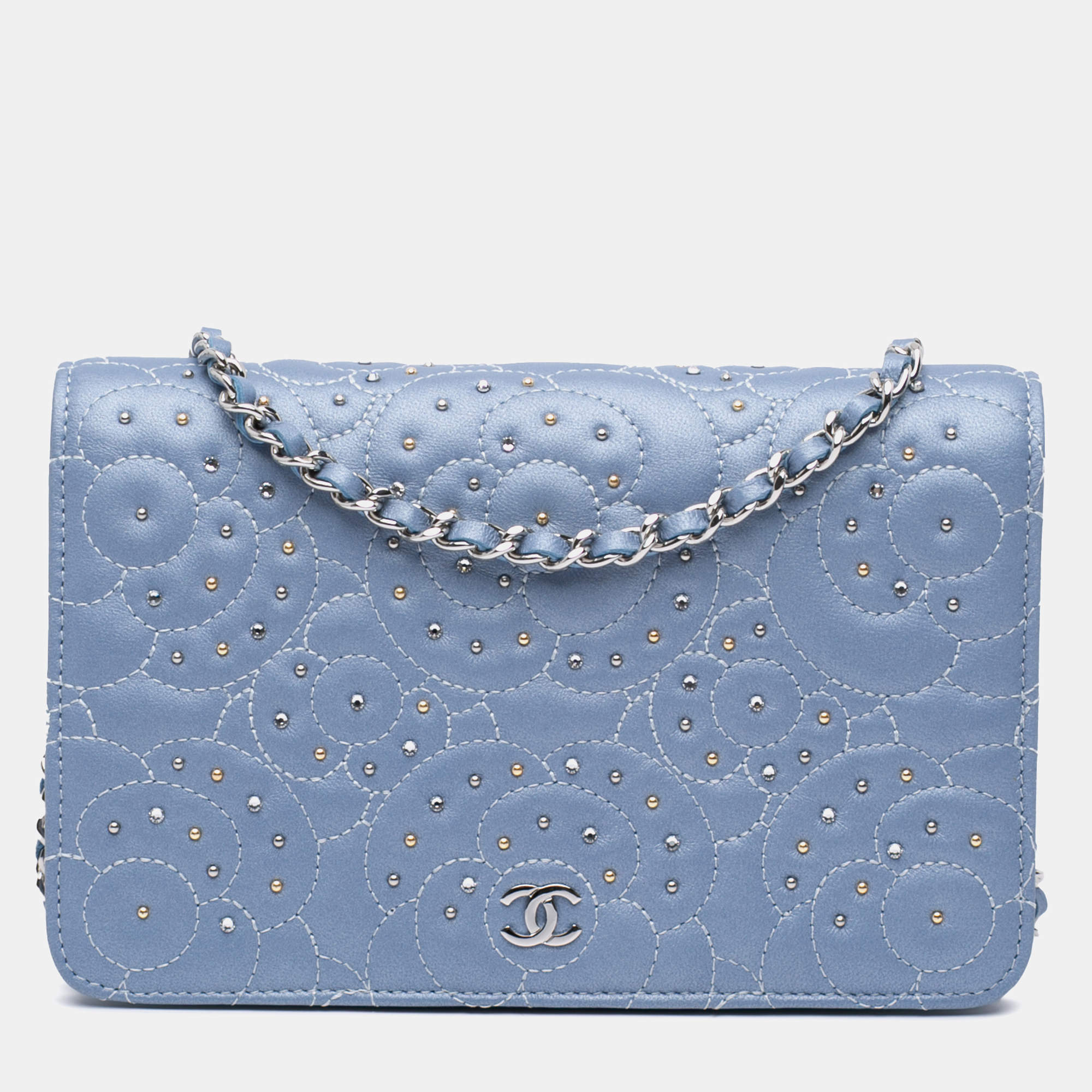 Chanel Purple Studded Lambskin Camellia Wallet On Chain