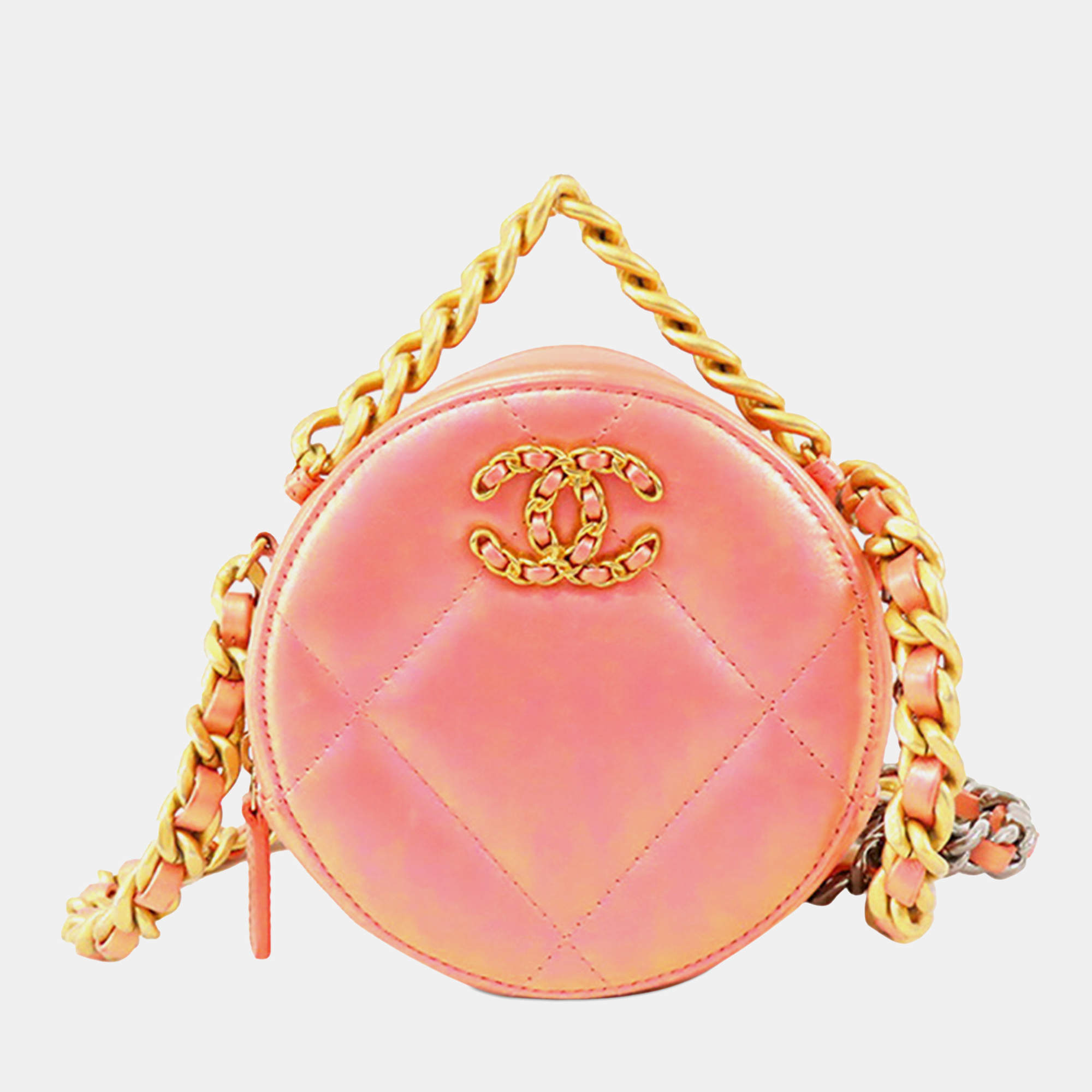 Chanel Pink Iridescent Lambskin 19 Round Clutch with Chain
