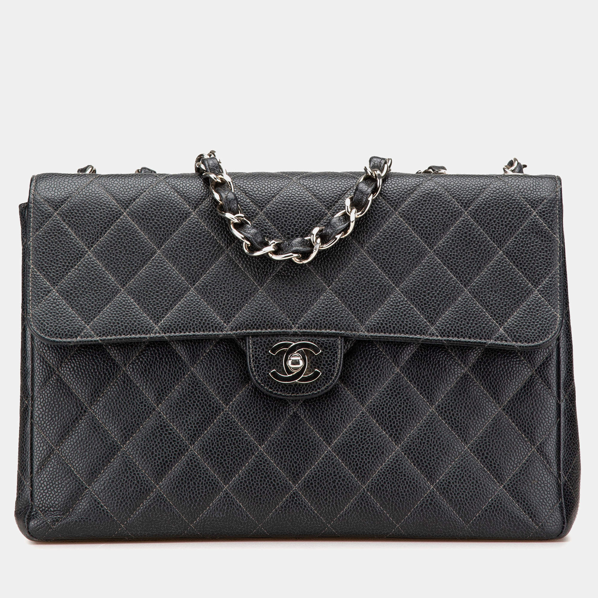 Pre Owned Chanel Black Jumbo Quilted Caviar Single Flap