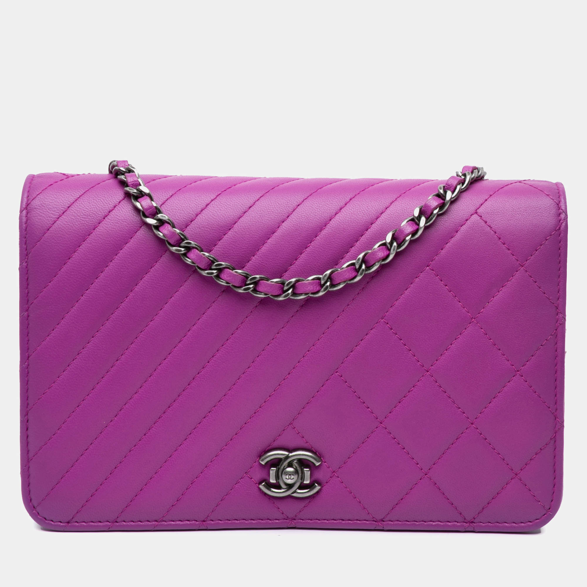 Chanel Purple Lambskin Coco Boy Wallet On Chain
