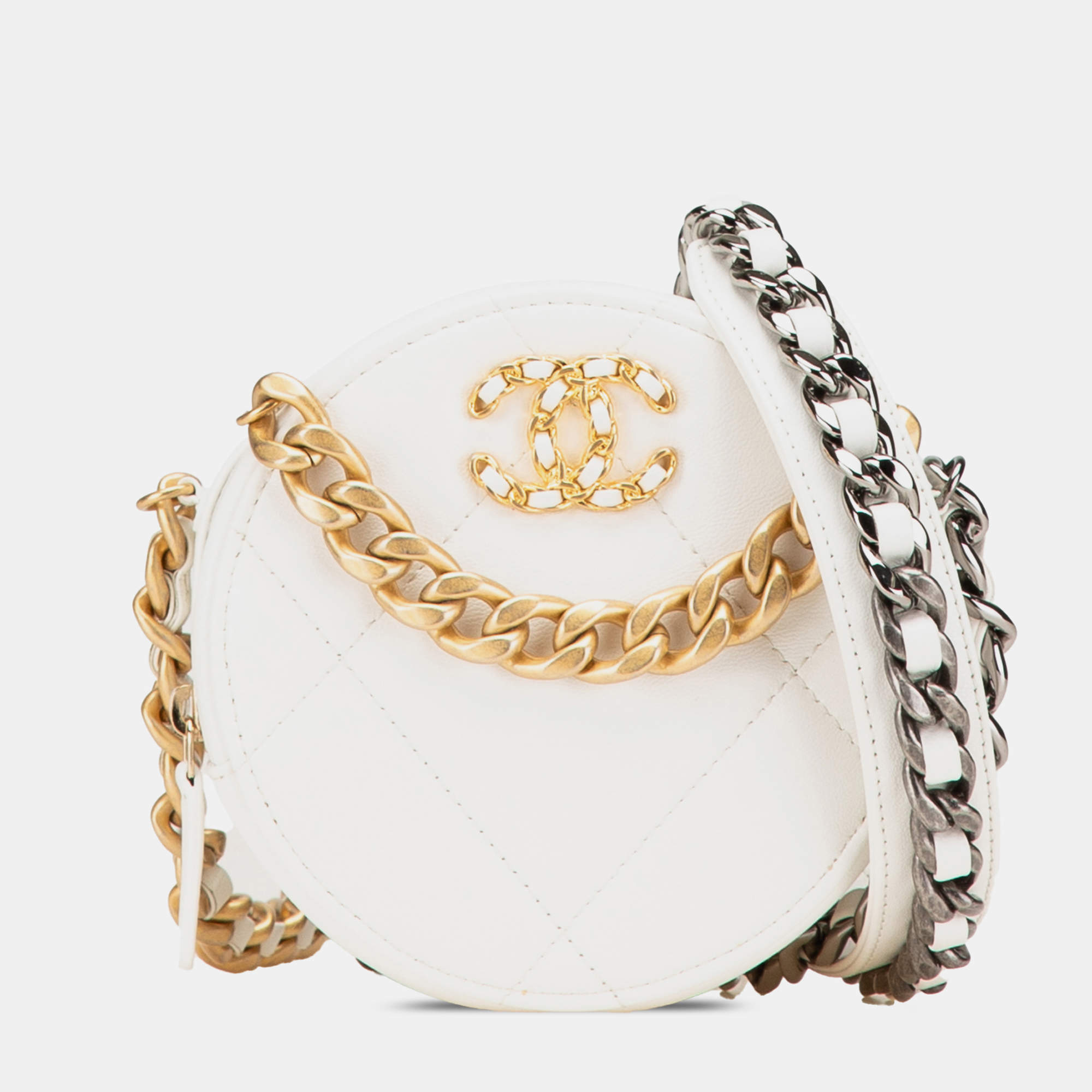 Chanel White Lambskin 19 Round Clutch with Chain