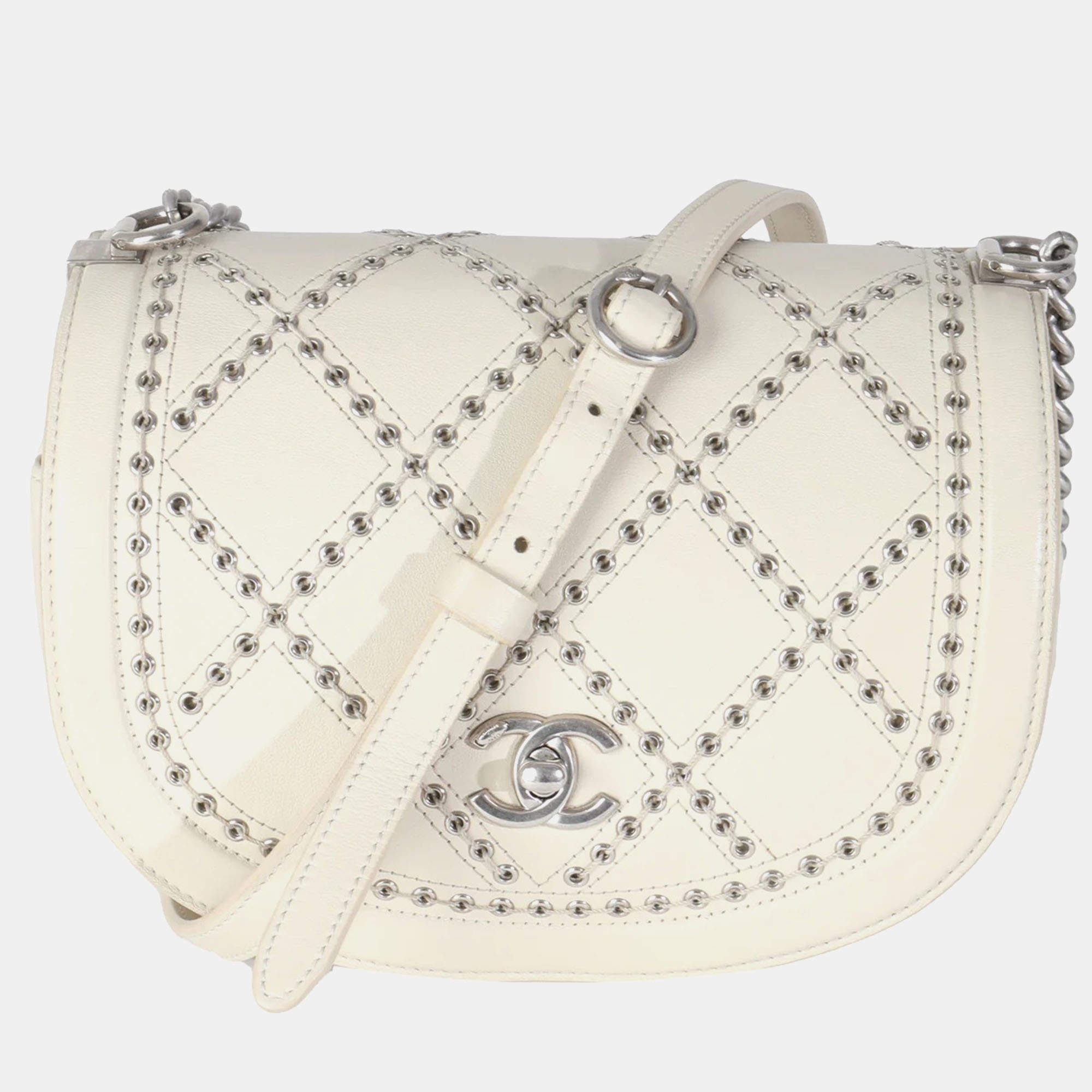 Pre Owned Chanel Ivory Calfskin Coco Eyelets Small Flap Bag