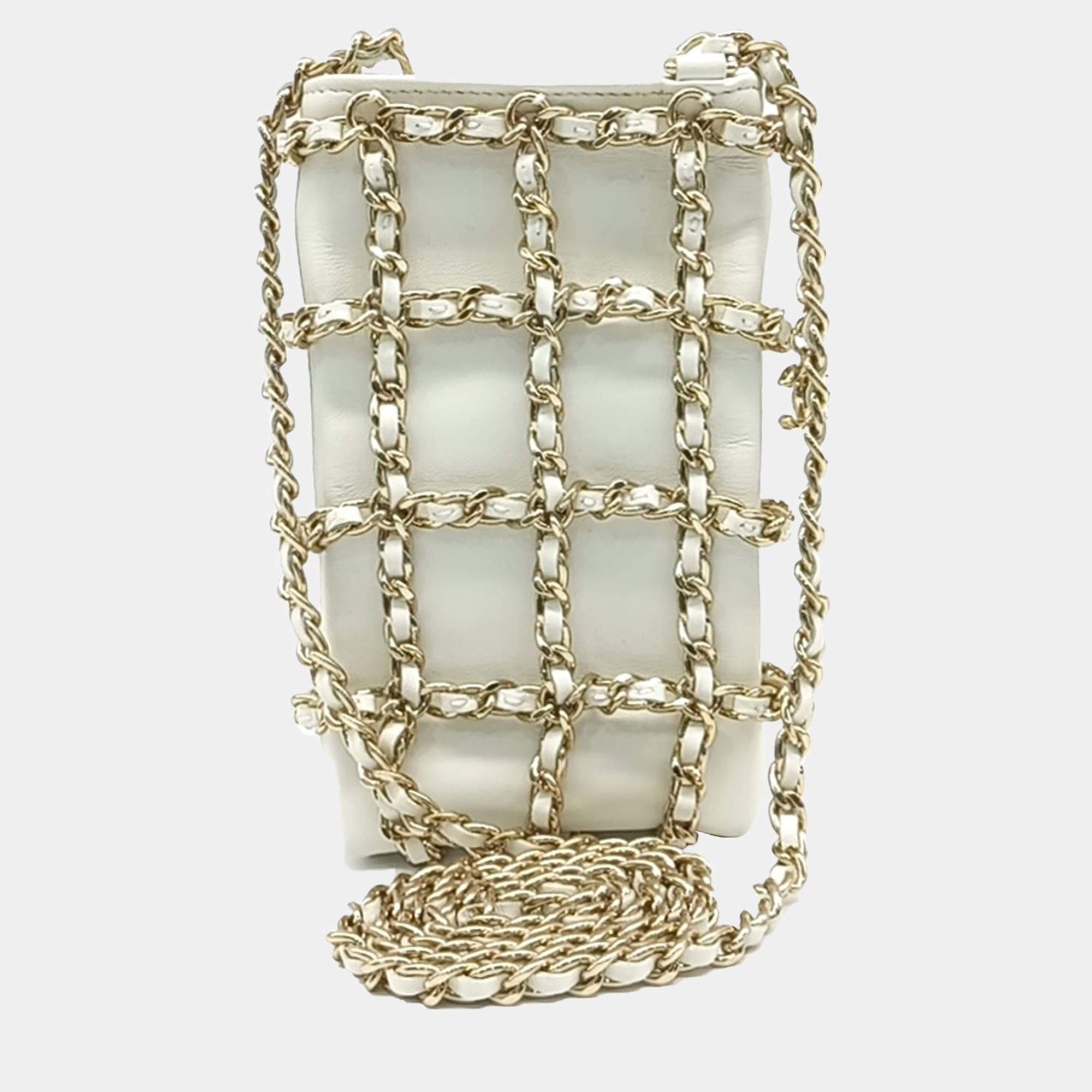 Chanel White Leather chain phone holder bag