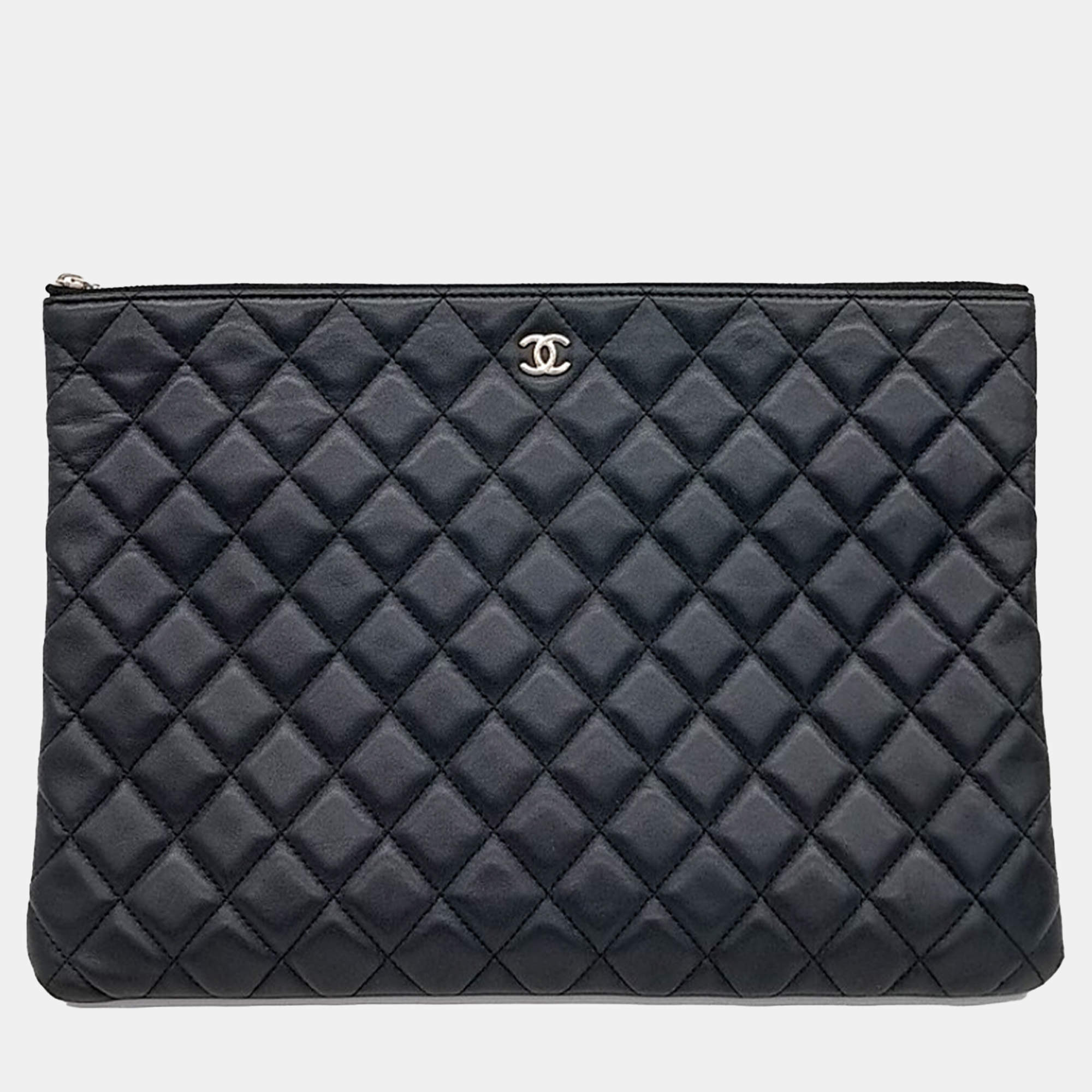 Chanel Black Lambskin Leather Large Clutch
