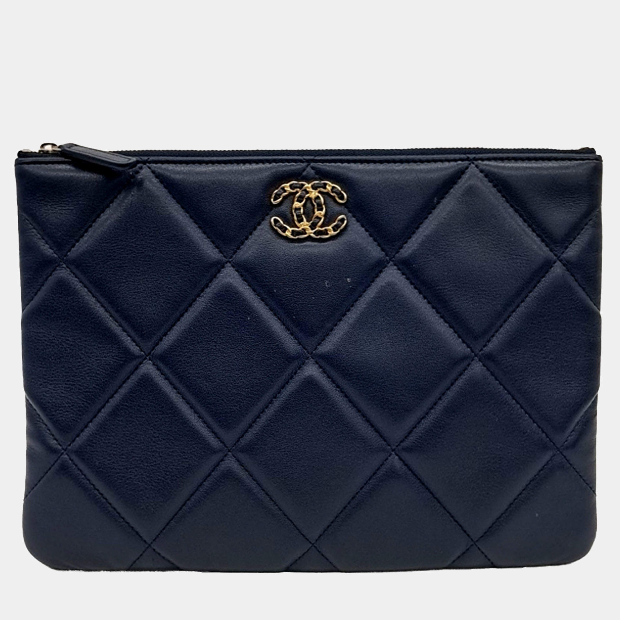 Chanel Navy Blue Leather 19 New Medium Clutch