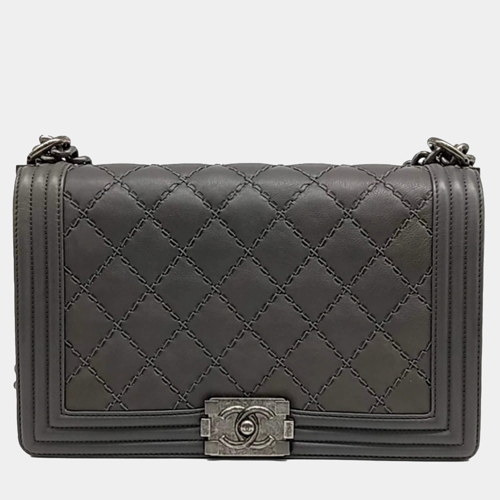 Chanel Grey Leather Boy Bag New Medium