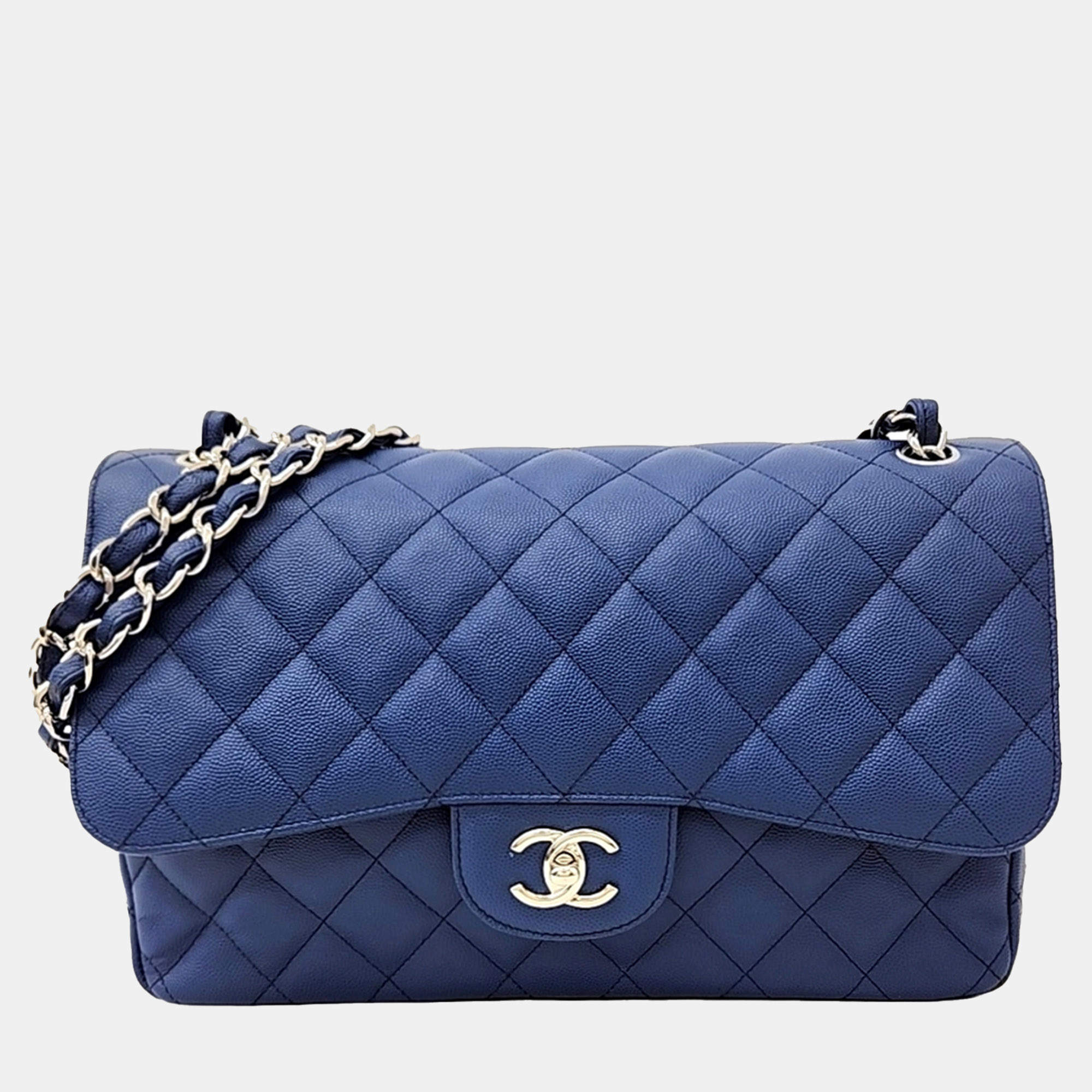 Chanel Blue Leather Caviar Classic Jumbo bag