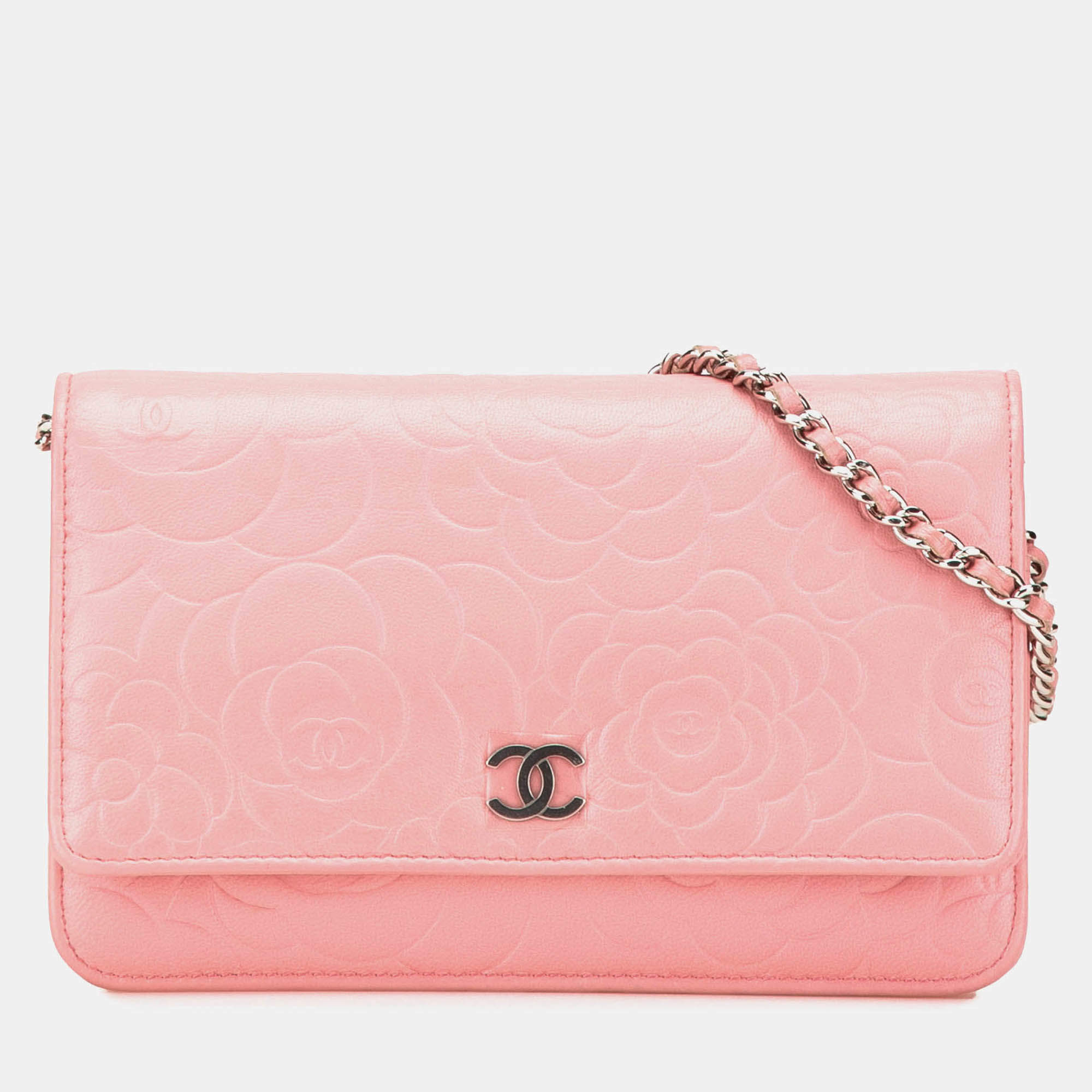 Chanel Pink Embossed Lambskin Camellia Wallet On Chain