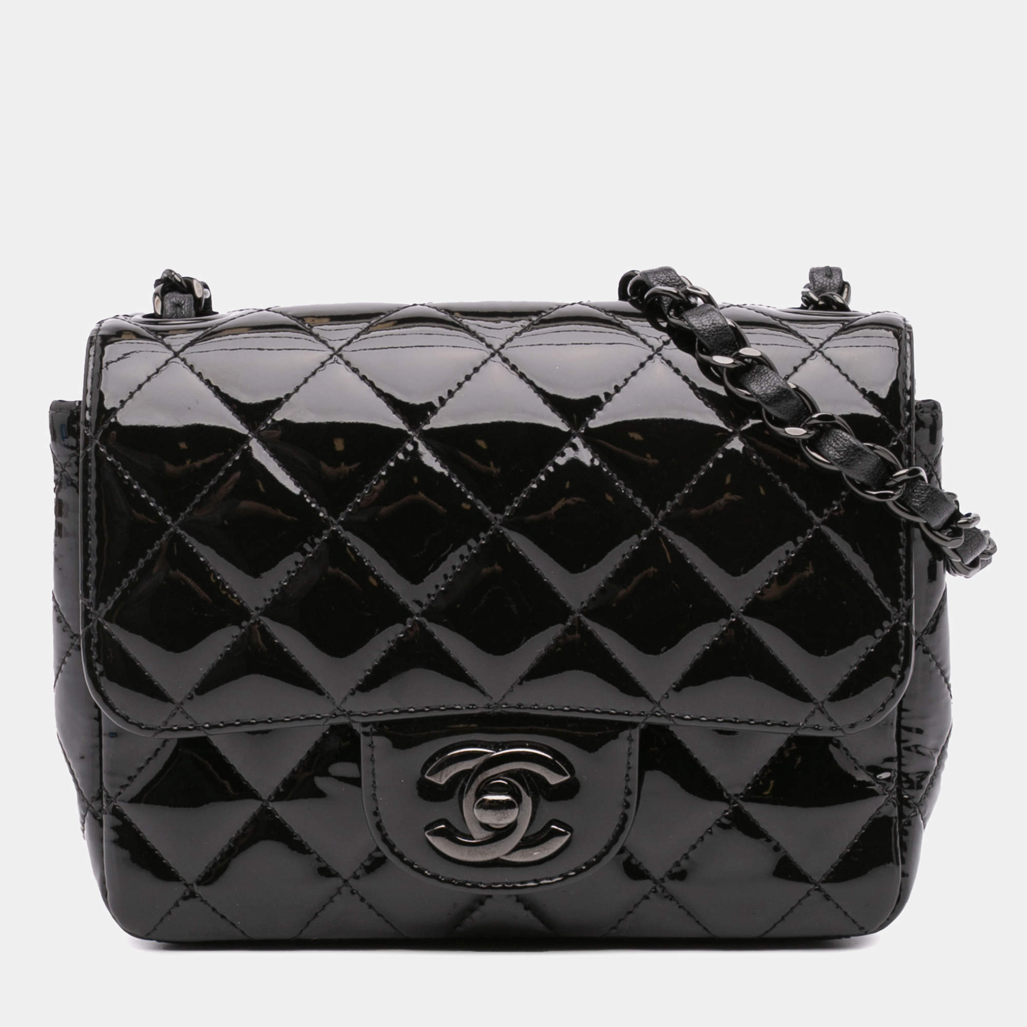 Pre Owned Chanel Black Mini Square Classic Patent So Black Single Flap