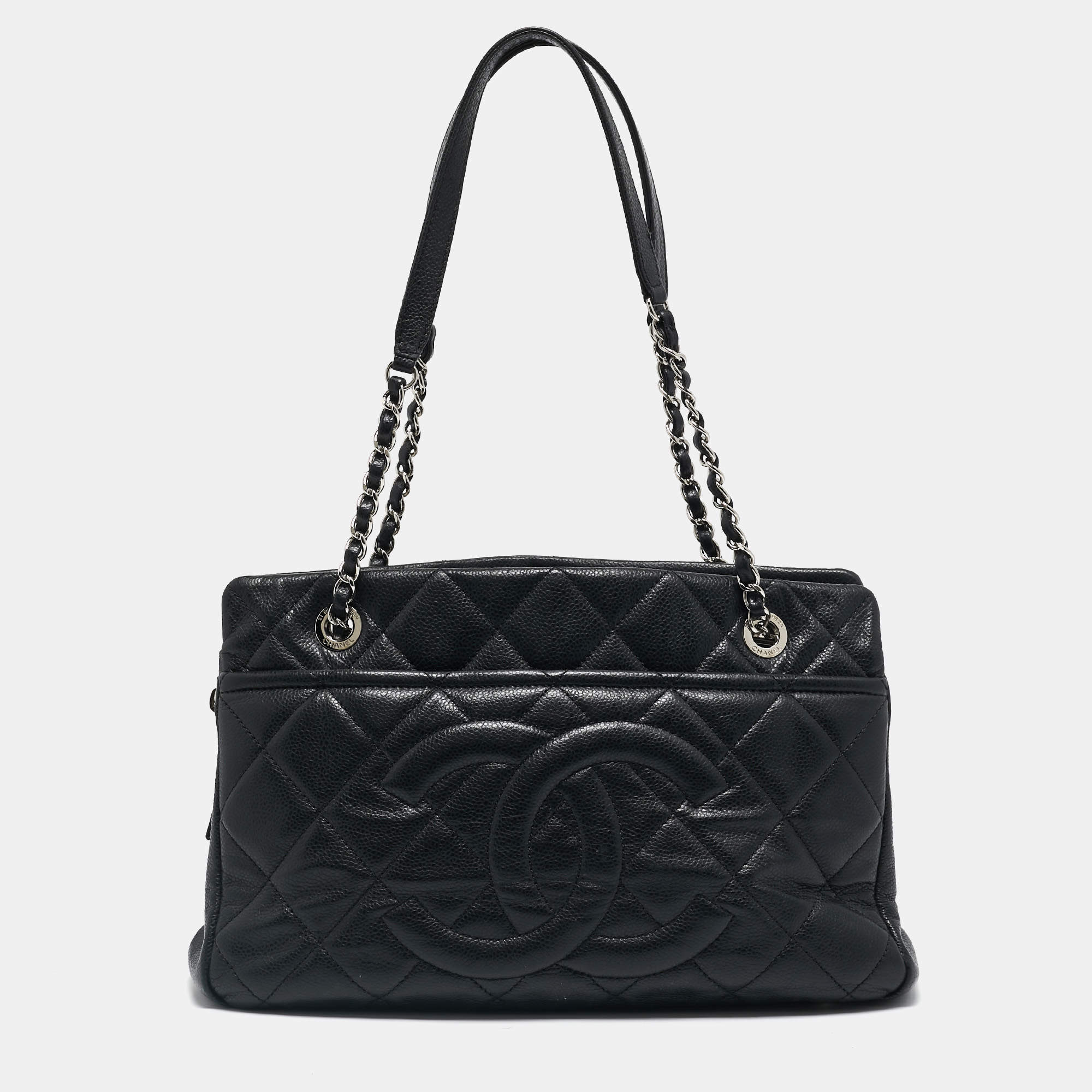 Pre Owned Chanel Black Quilted Caviar Leather CC Timeless Tote