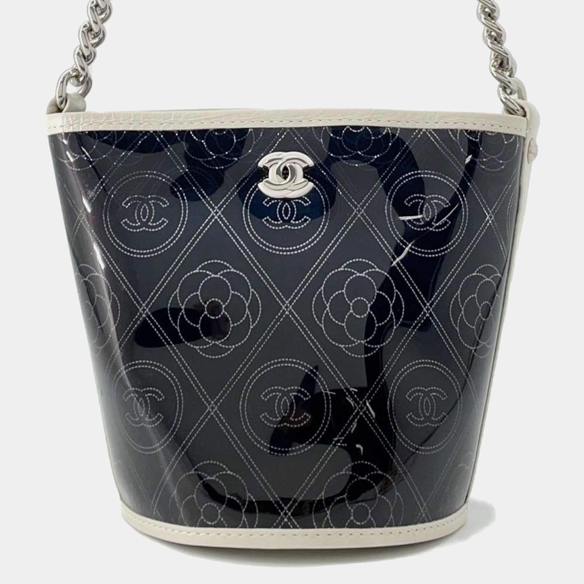 Chanel Cc Logo Camellia Plastics Black/White Plastics Leather Bucket Bag
