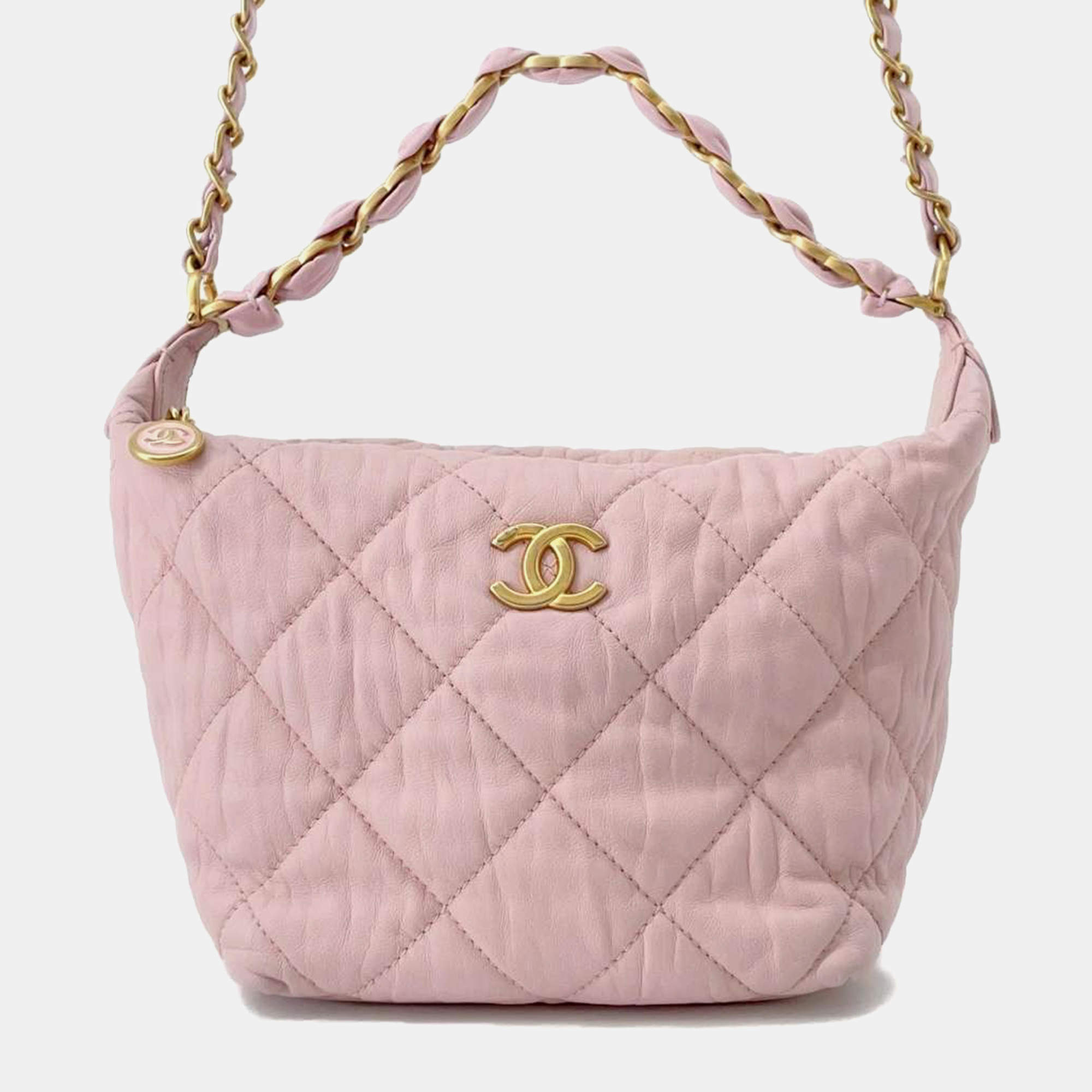 Chanel Pink Lambskin CC Logo Hobo Bag 