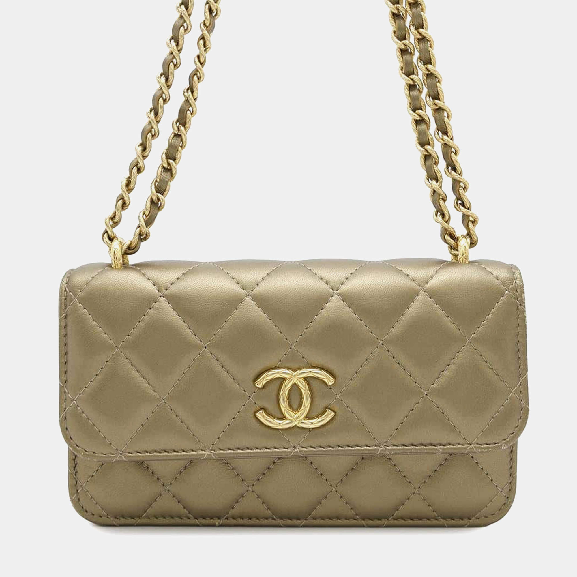 Pre Owned Chanel Gold Lambskin Phone Case Shoulder Bag