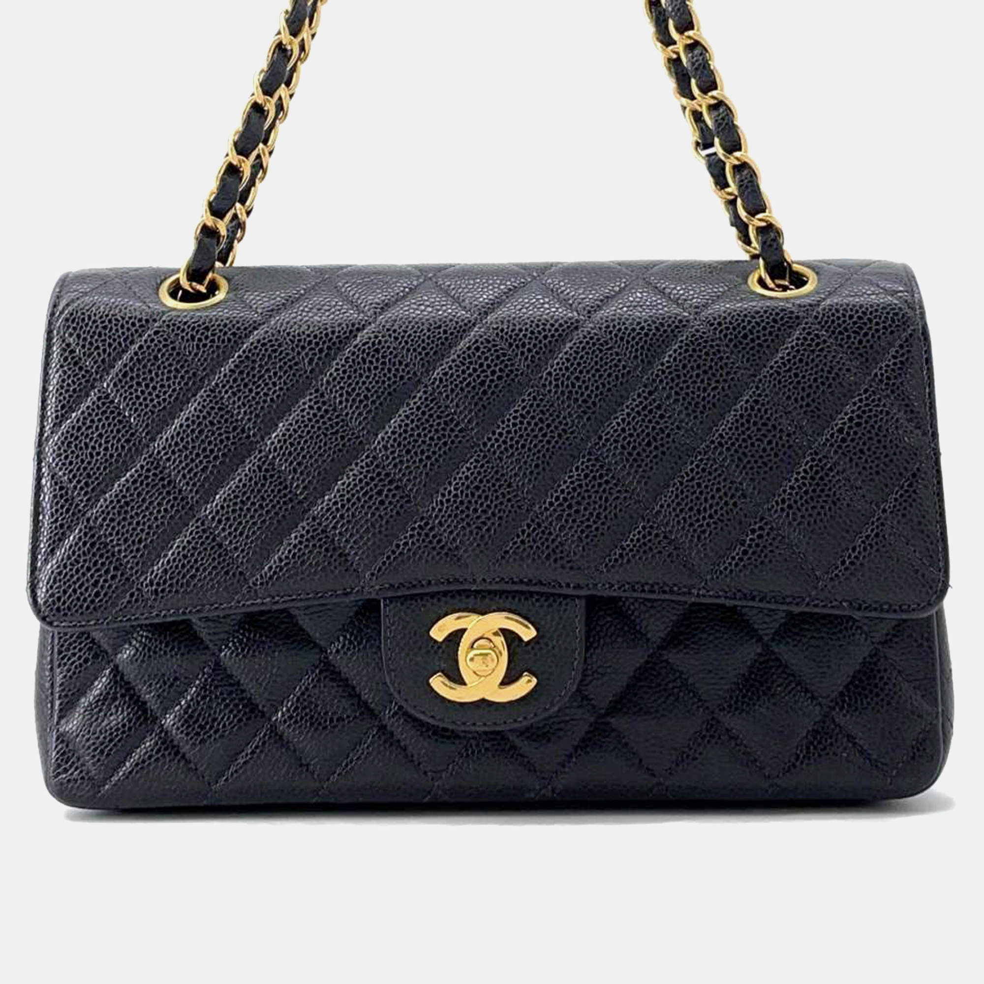 Chanel Matelasse Double Flap Chain Black Caviar Leather shoulder Bag