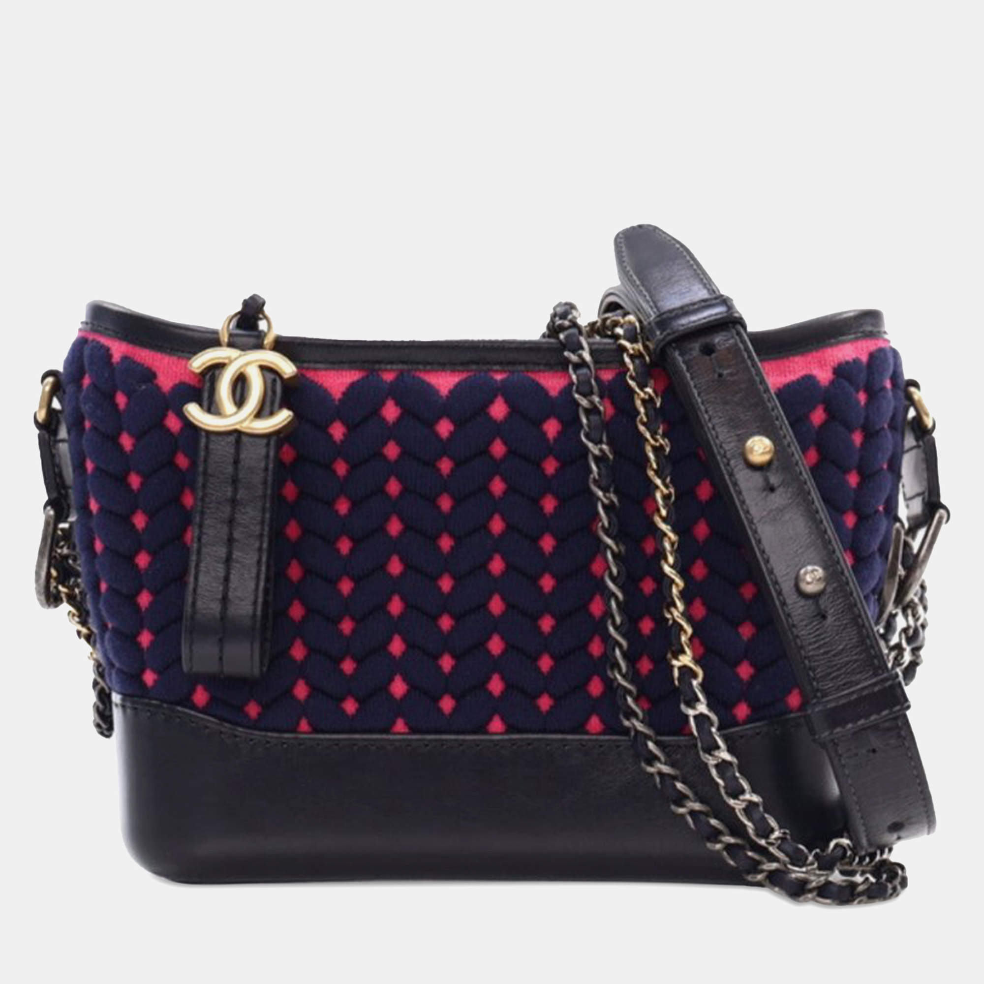 Chanel Navy Blue Small Knit and Calfskin Gabrielle Hobo