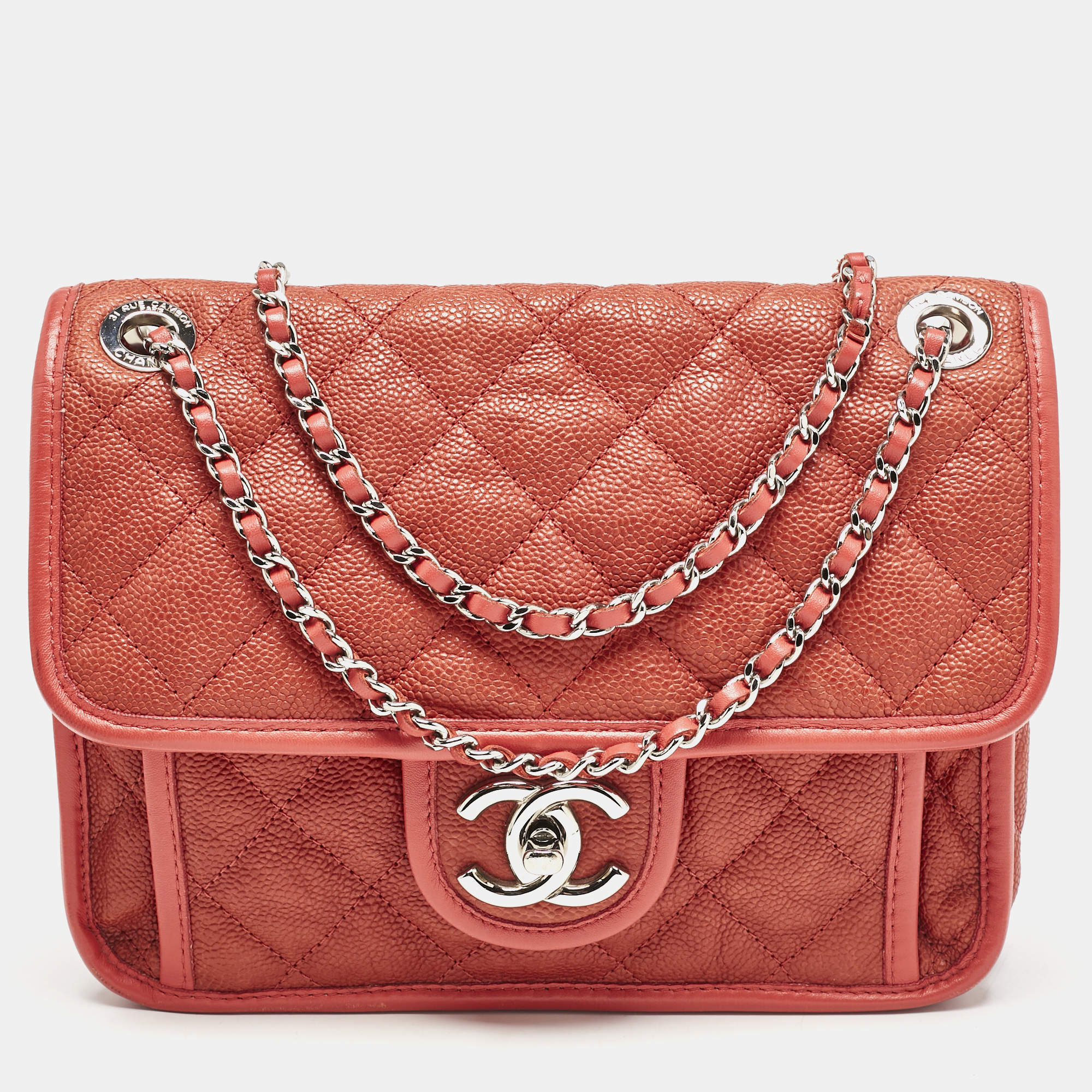 Pre Owned Chanel Red Quilted Caviar Leather French Riviera Shoulder Bag