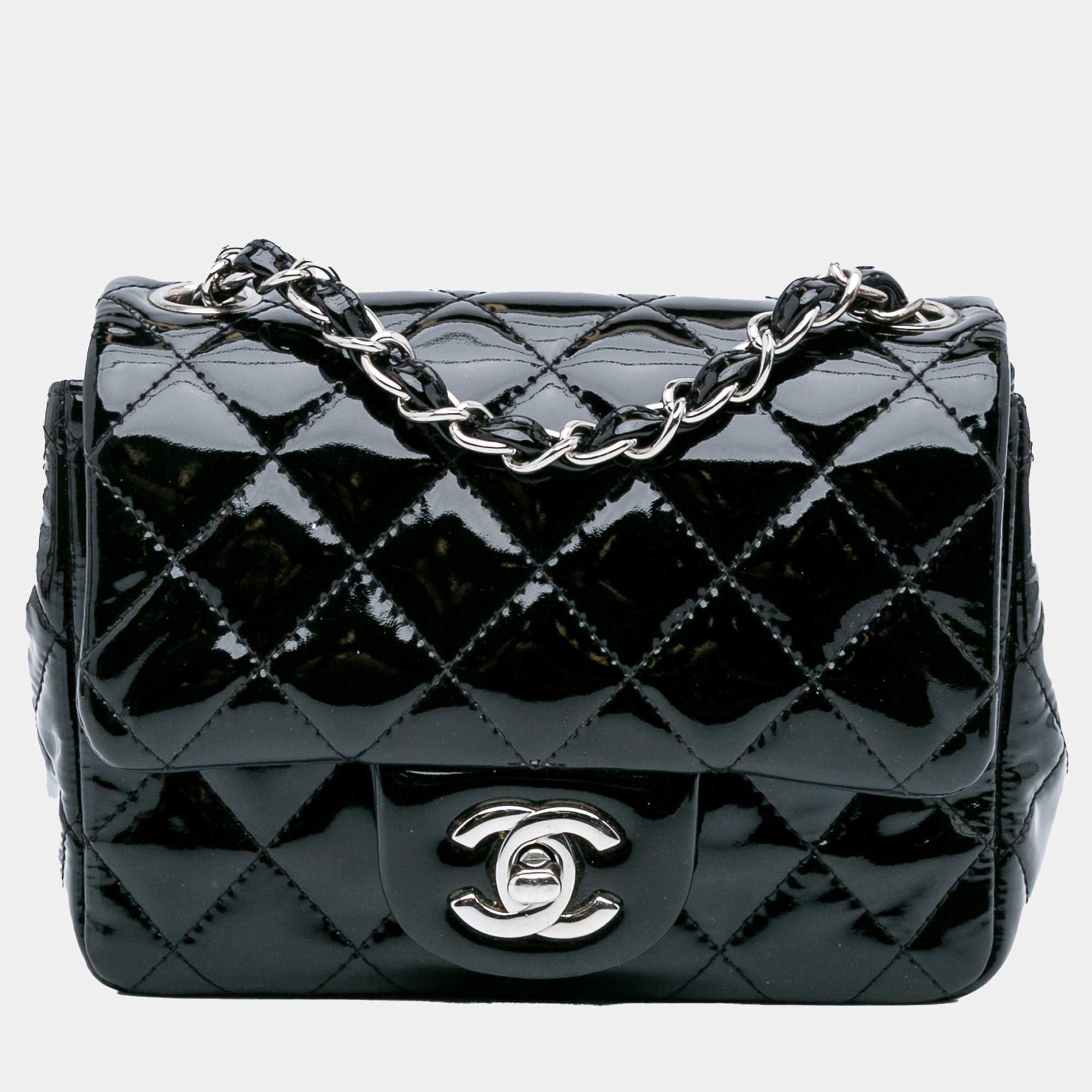 Pre Owned Chanel Black Mini Square Classic Patent Single Flap