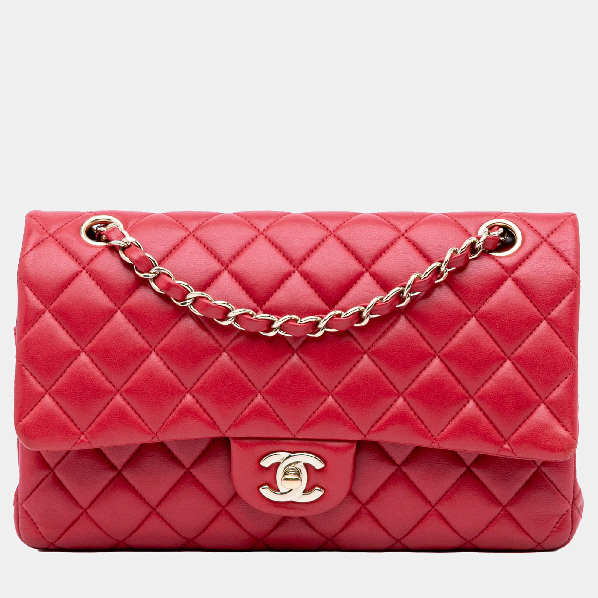 Pre Owned Chanel Red Medium Classic Lambskin Double Flap