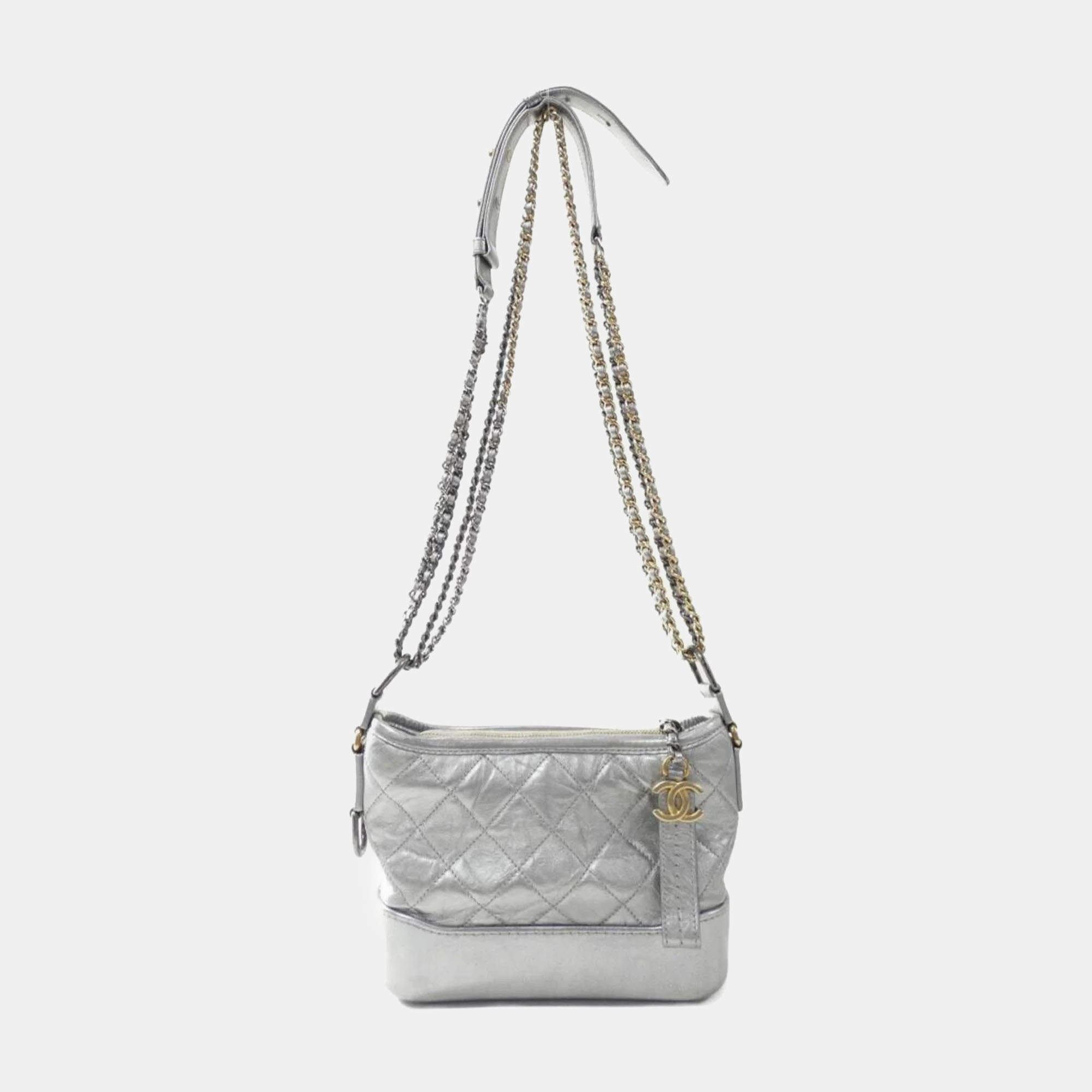 Pre Owned Chanel Silver Leather Gabrielle Shoulder Bag