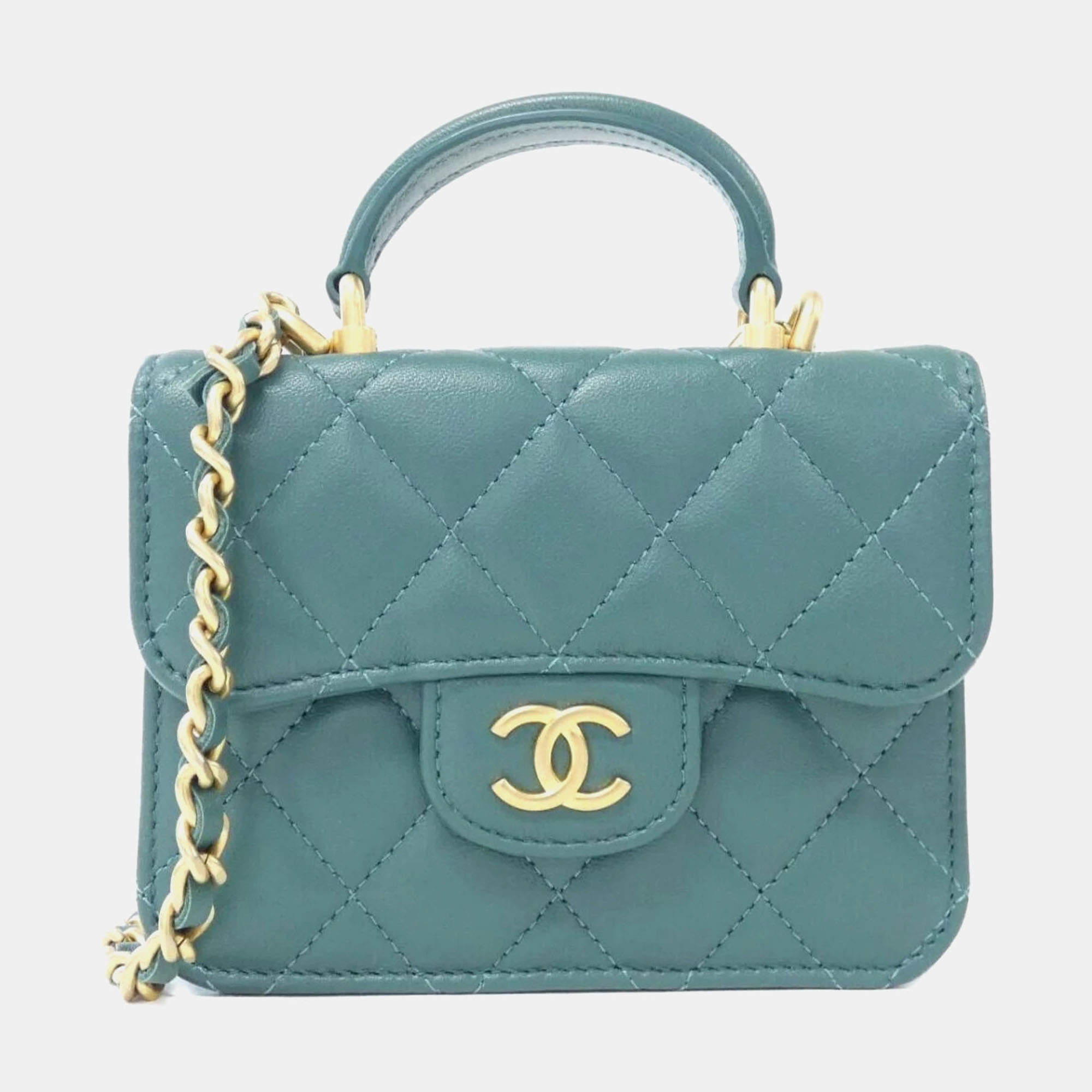 Chanel Green Lambskin Leather Top Handle Clutch Bag 
