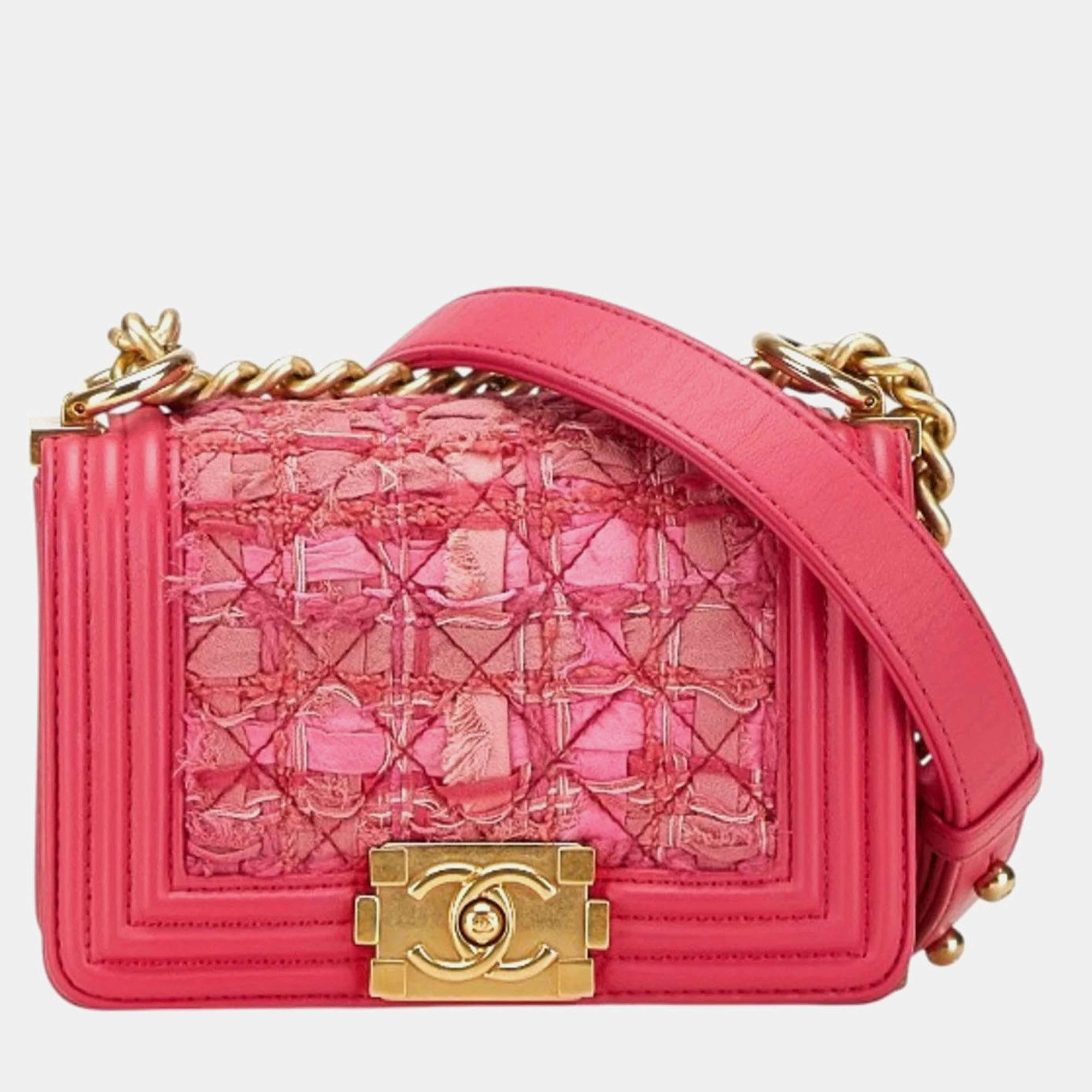 Chanel Pink Tweed Leather Mini Boy Shoulder Bag
