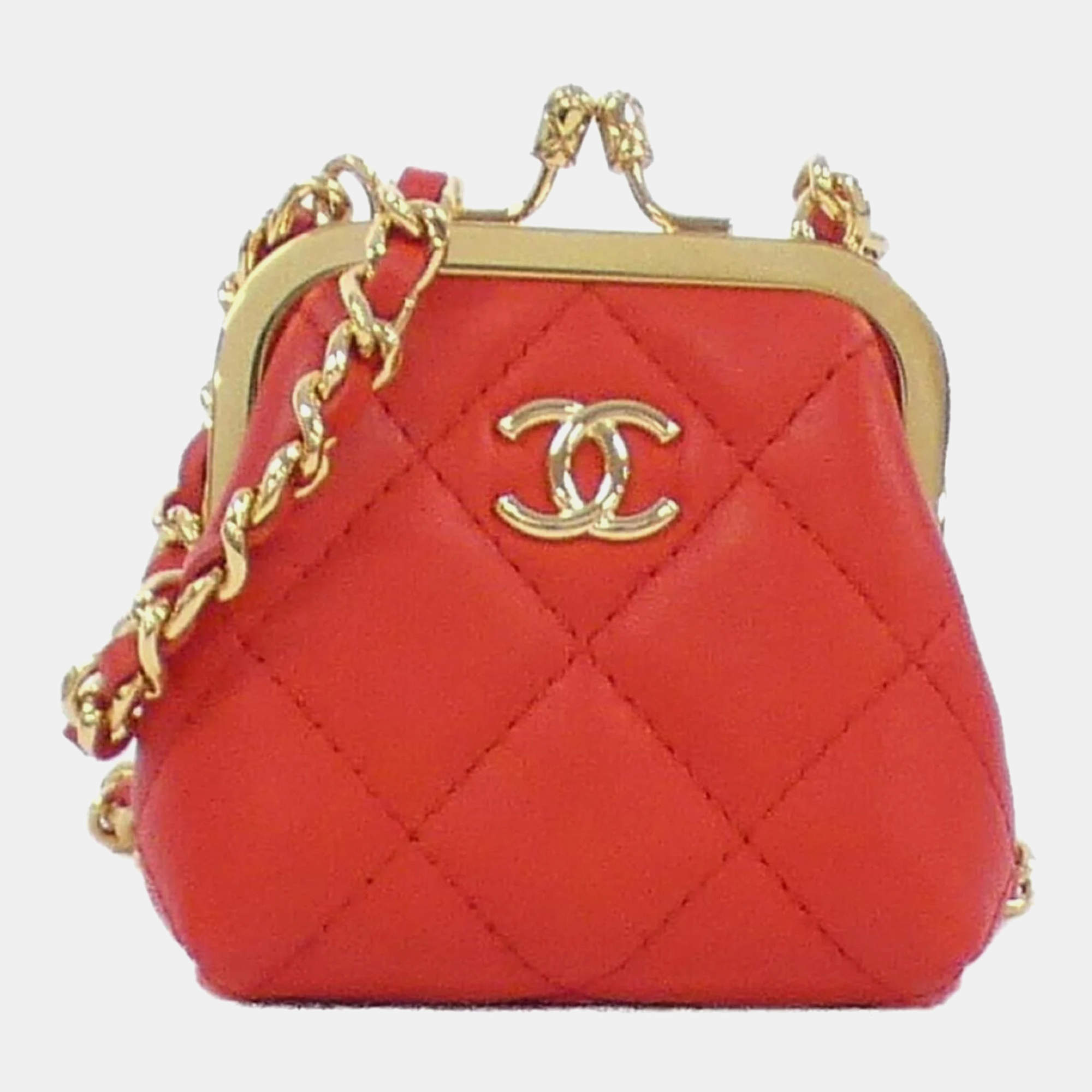 Chanel Red Lambskin Quilted Mini Kiss Lock Clutch With Chain 