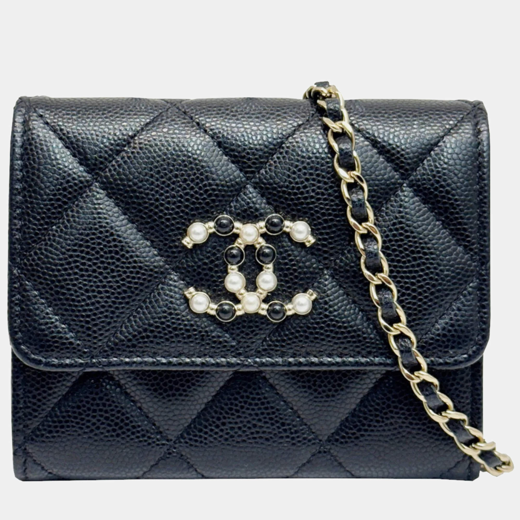 Chanel Black Caviar  Matelasse Mini Chain Wallet 