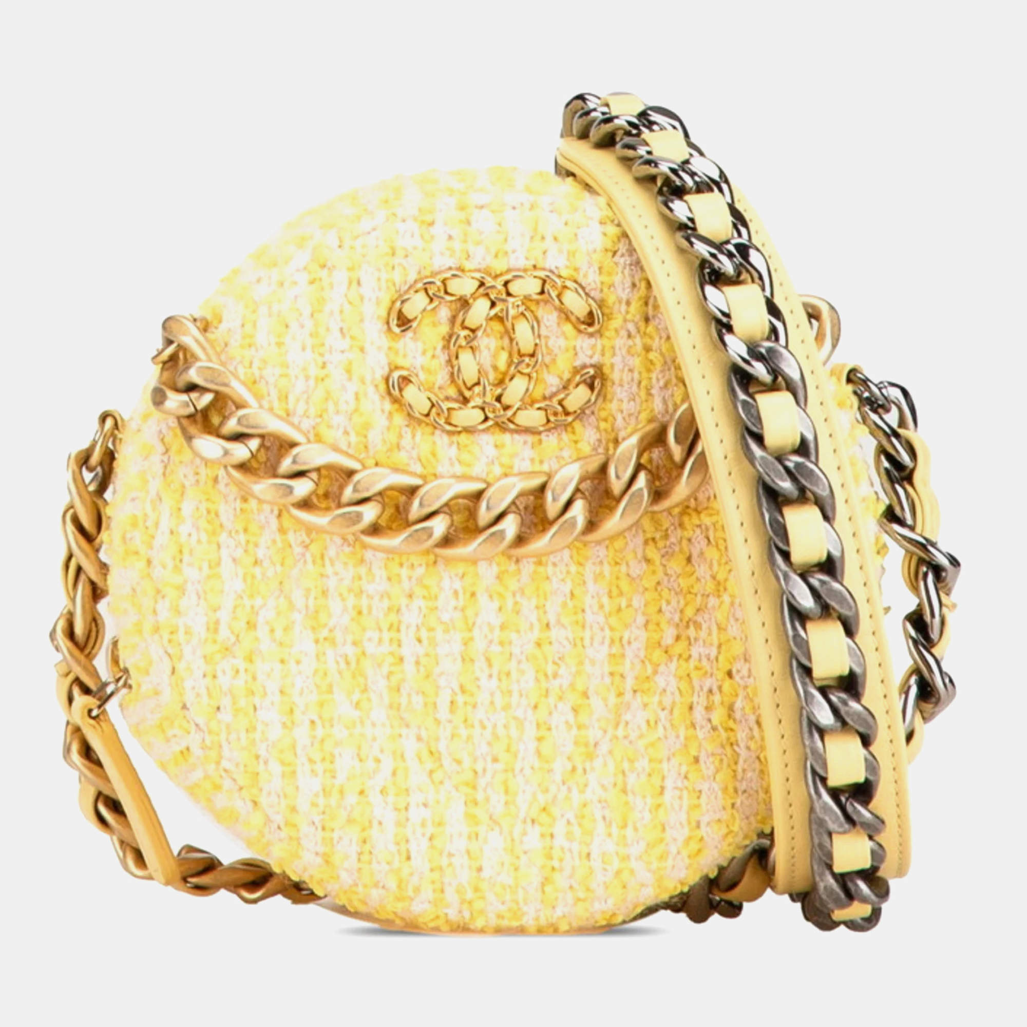 Chanel Yellow Tweed Leather 19 Coco Mark Round Chain Shoulder Bag 