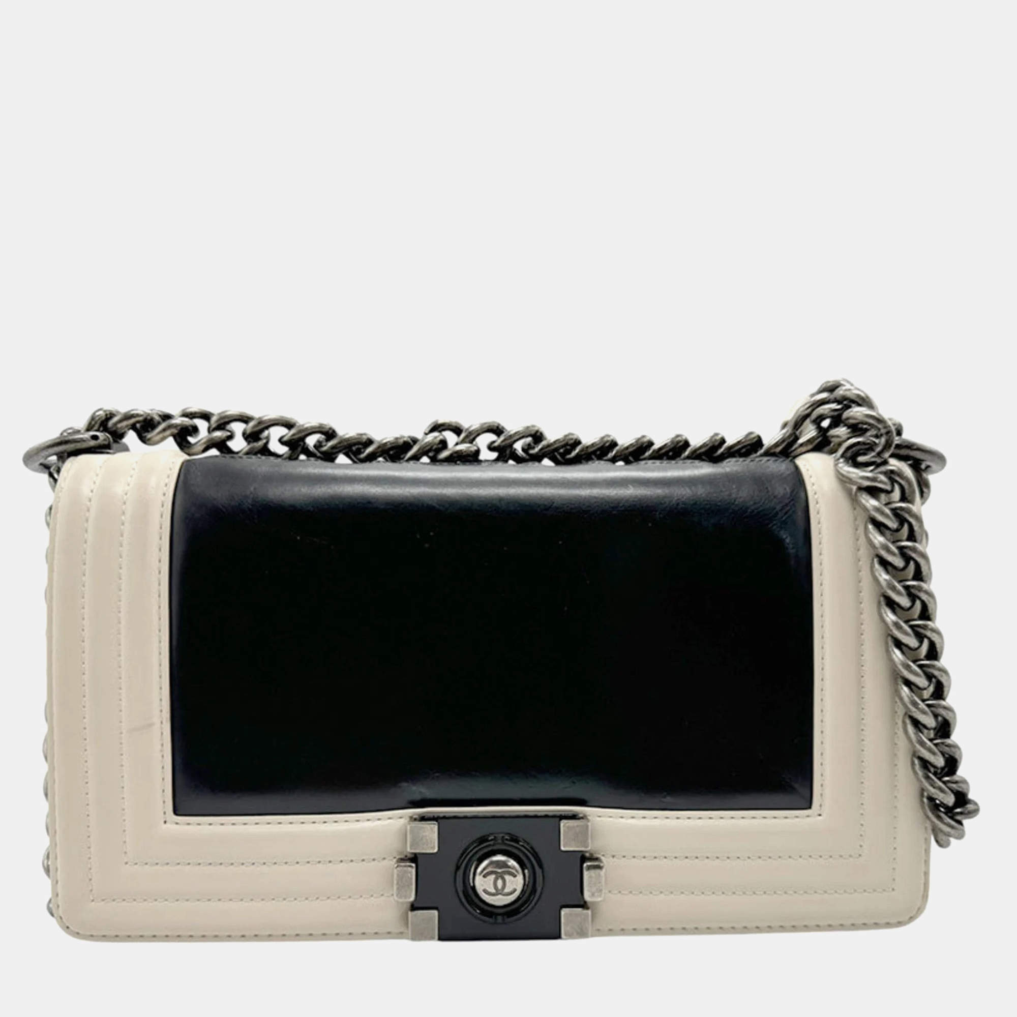 Chanel Black/Off-White Leather  Boy Shoulder Bag 