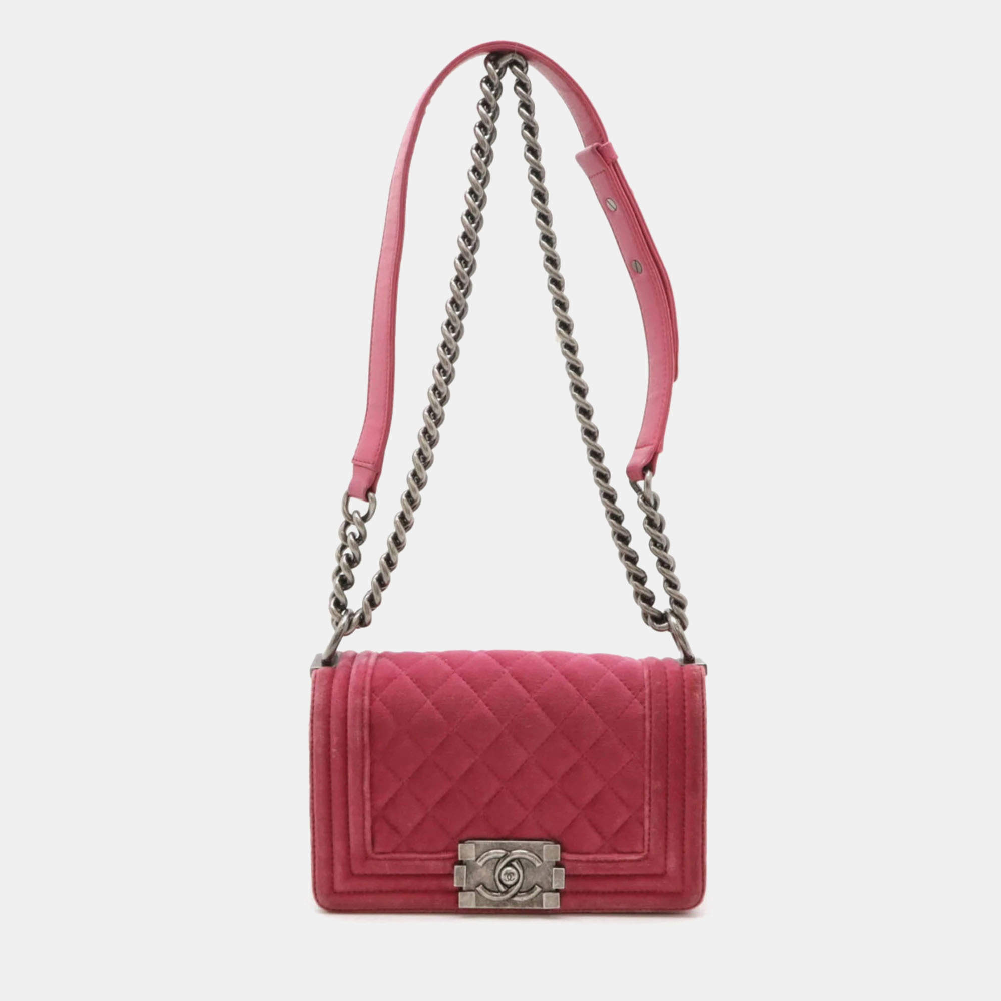 Chanel Pink Velour Leather Boy Coco Mark Chain Shoulder Bag 
