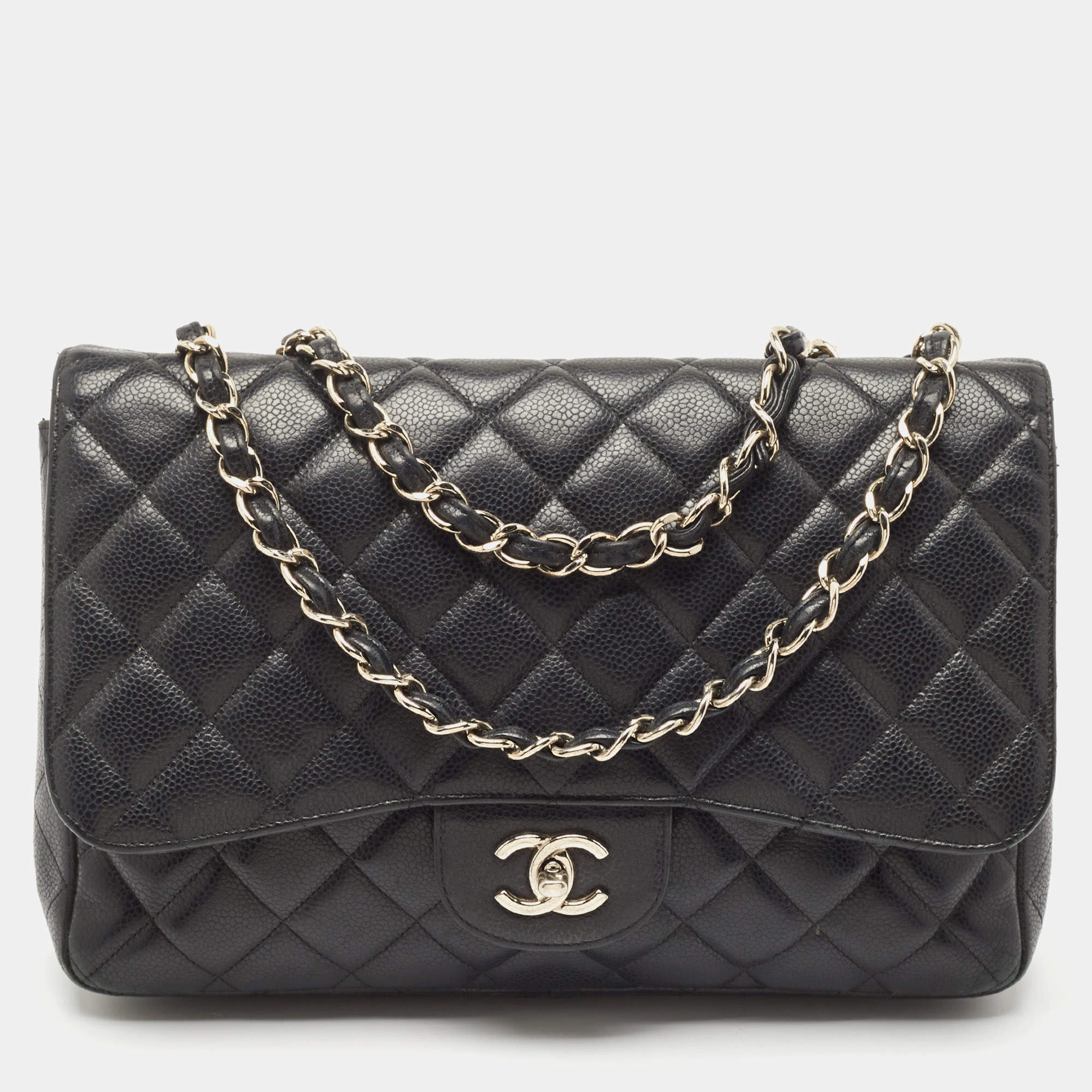 Pre Owned Chanel Black Quilted Caviar Leather Jumbo Classic Single Flap Bag