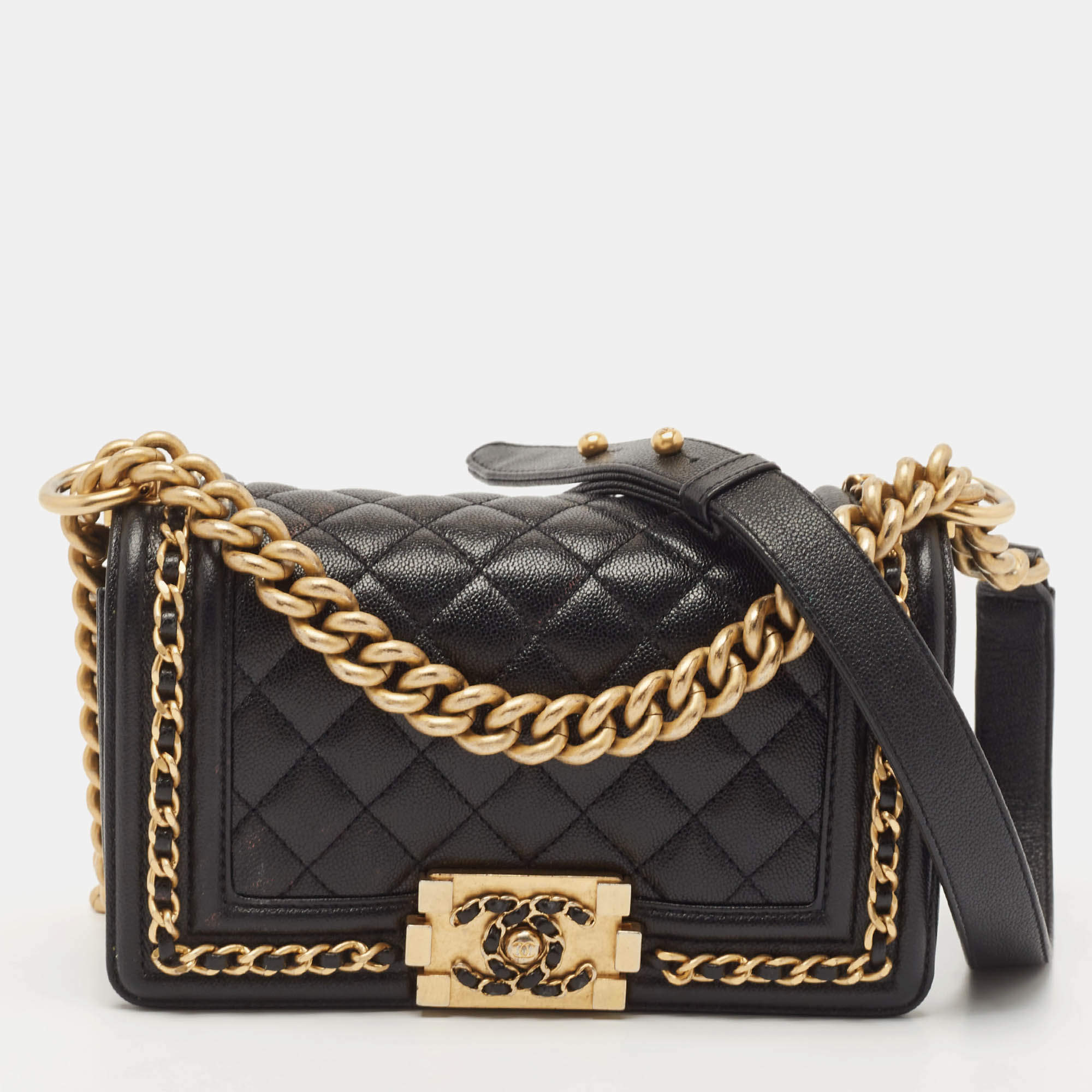 Chanel Black Quilted Caviar Leather Small Chain Around Boy Flap Bag