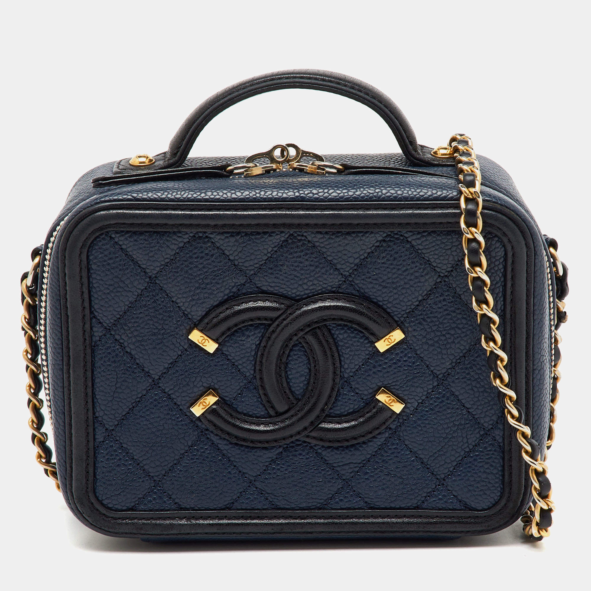 Chanel Navy Blue/Black Quilted Caviar Leather Small CC Filigree Vanity Case Bag