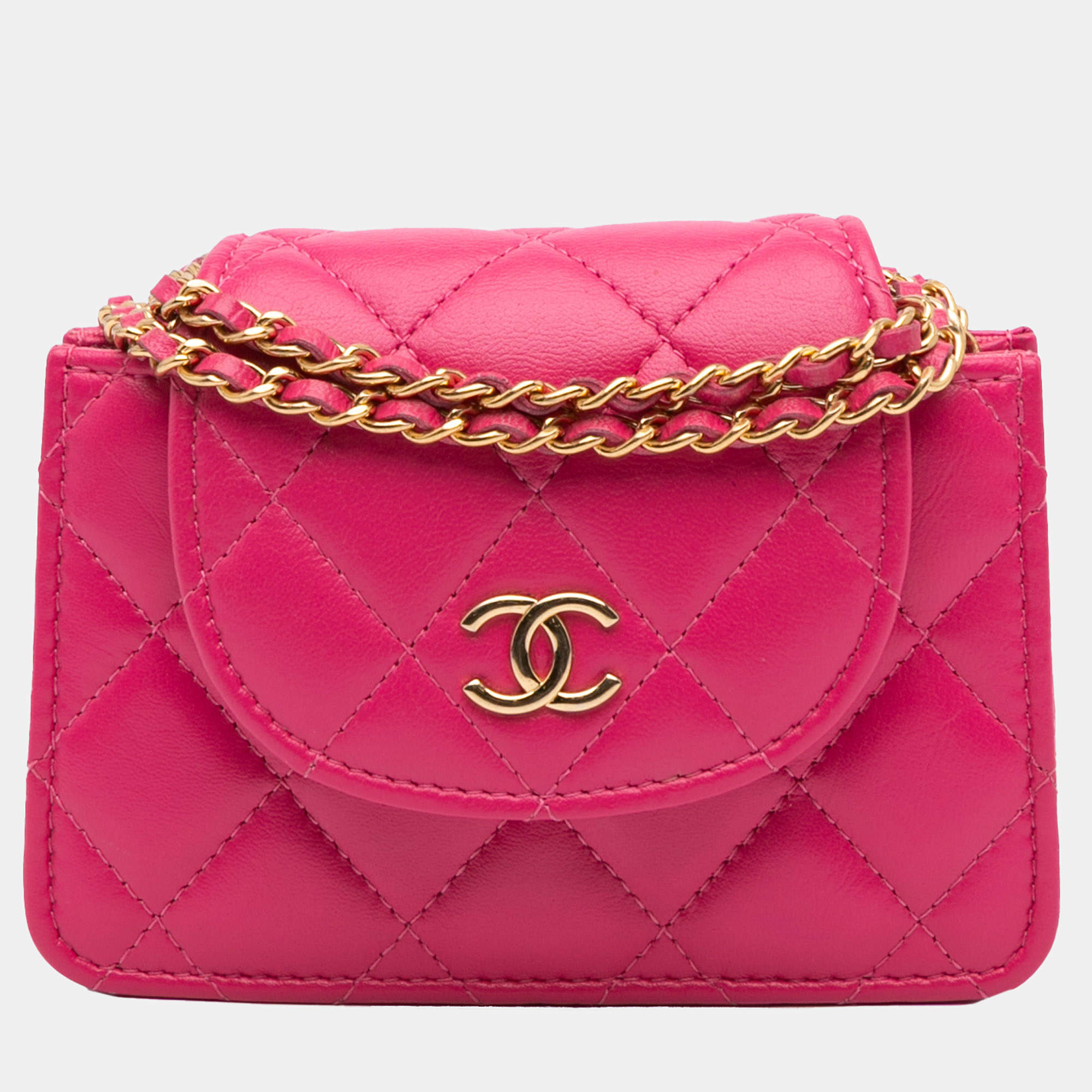 Chanel Pink CC Quilted Lambskin Flap Clutch On Chain