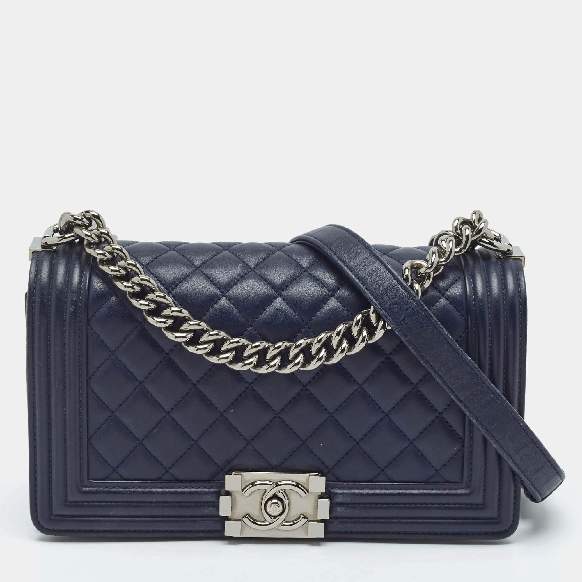 Chanel Navy Blue Quilted Leather Medium Boy Flap Bag