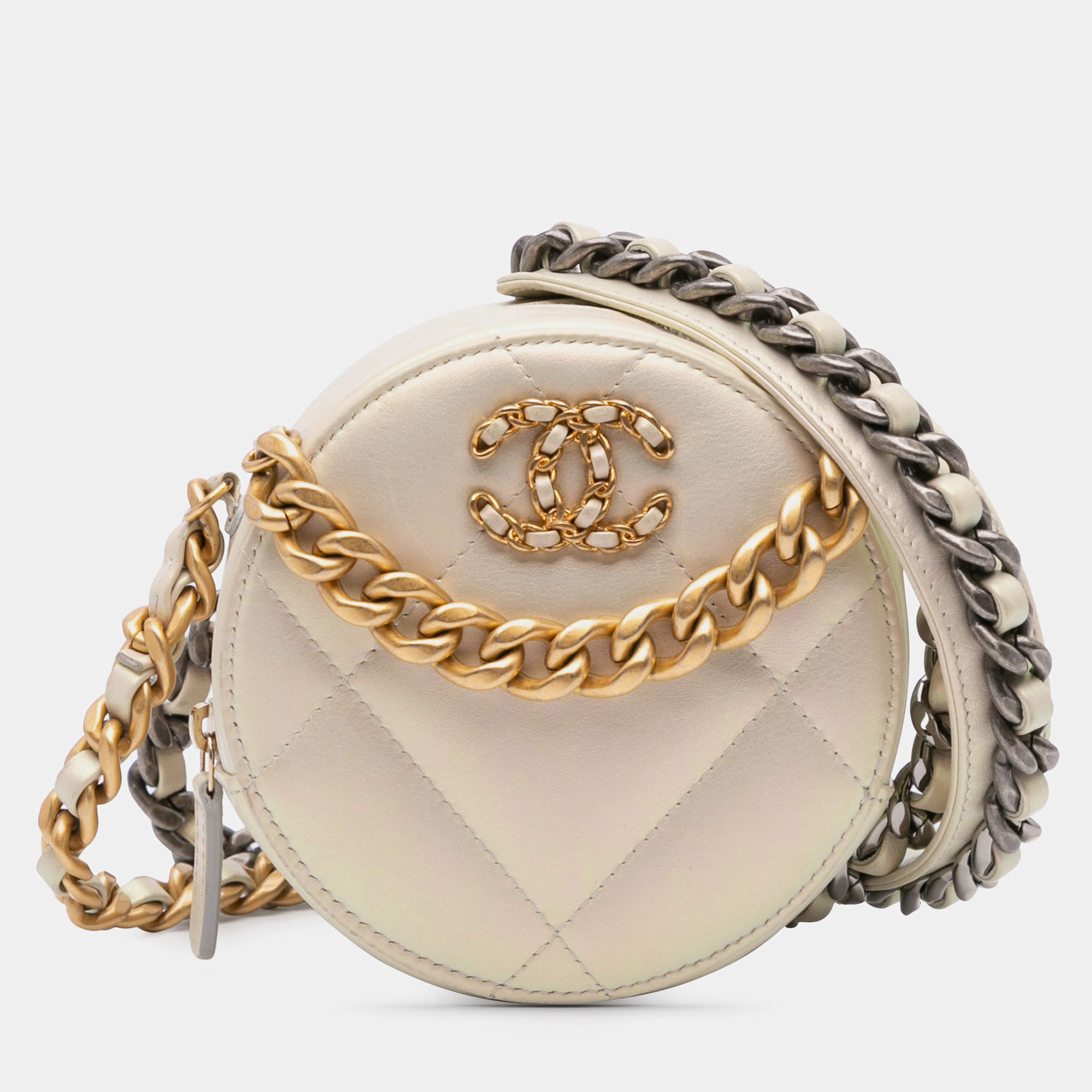 Chanel Beige Brown Iridescent Lambskin 19 Round Clutch with Chain