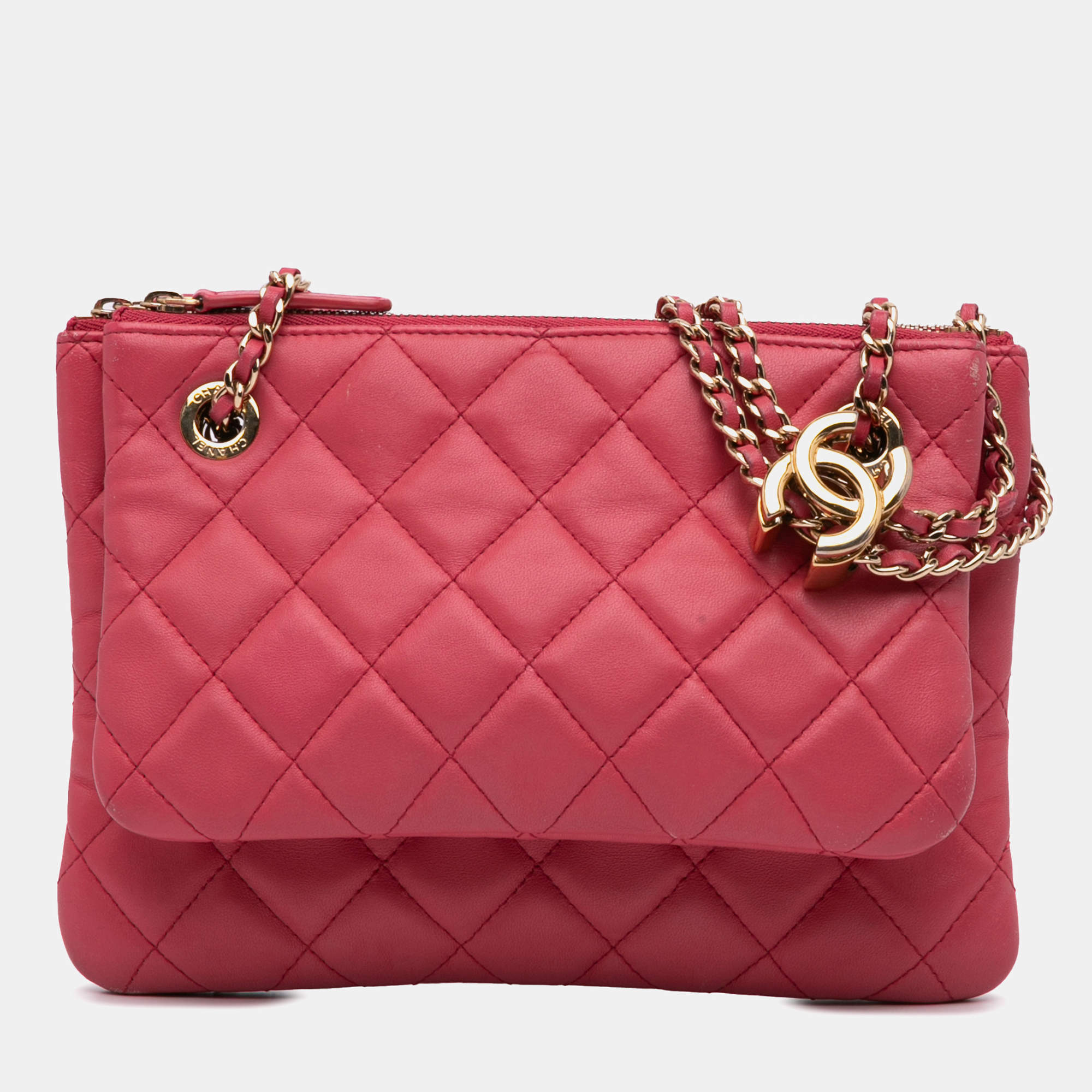 Pre Owned Chanel Pink Quilted Lambskin Double Case with Chain