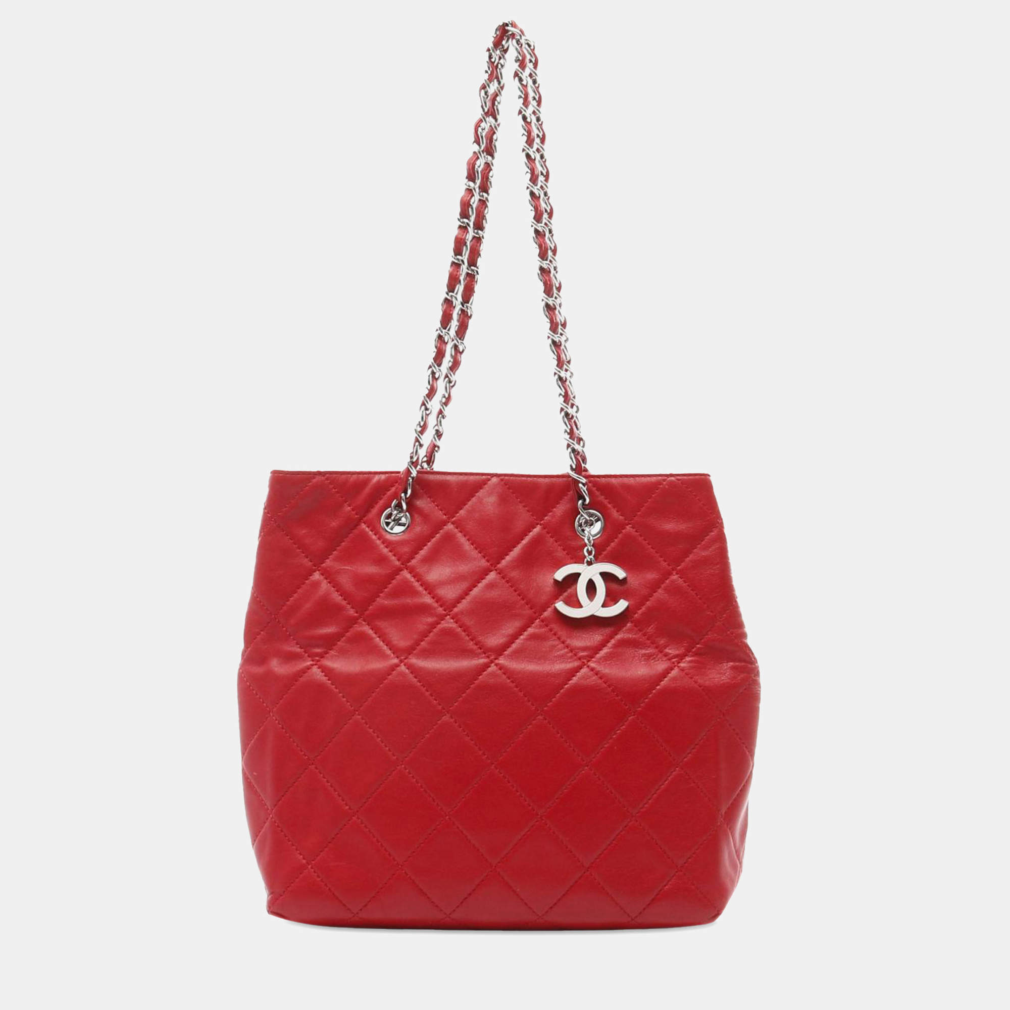 Chanel Red CC Quilted Lambskin Chain Tote