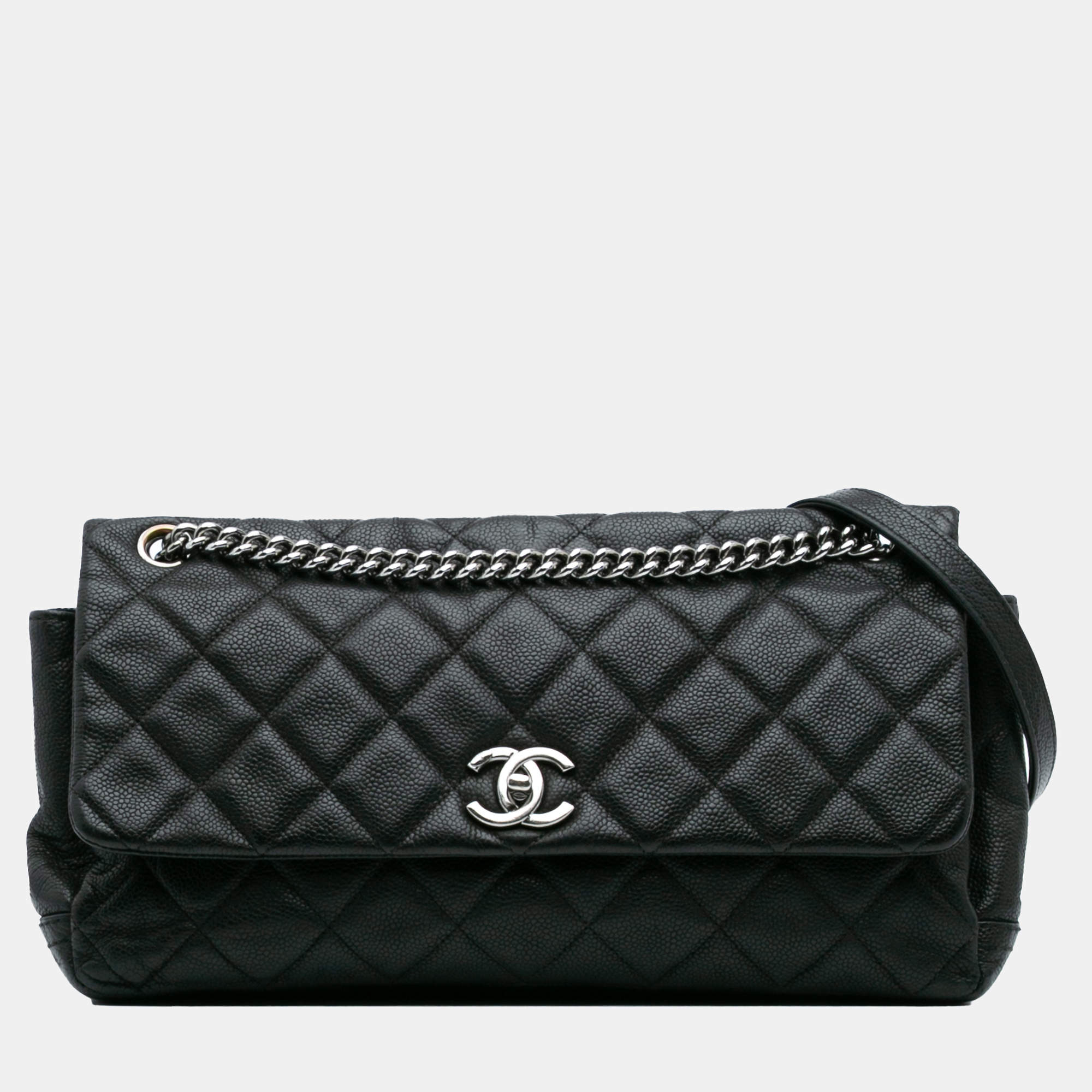 Pre Owned Chanel Black Quilted Iridescent Caviar Lady Pearly Flap