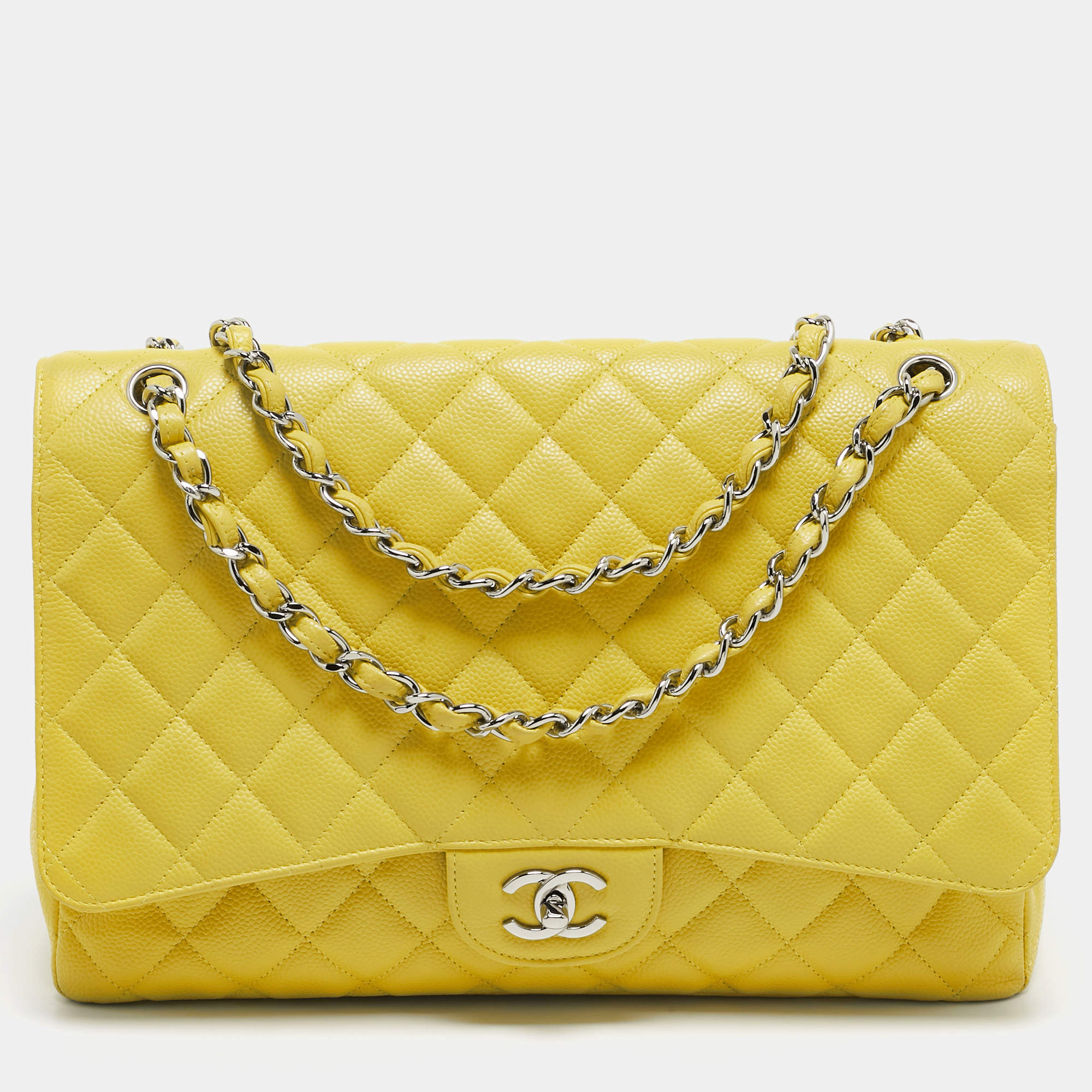 Chanel Yellow Quilted Caviar Leather Maxi Classic Single Flap Bag